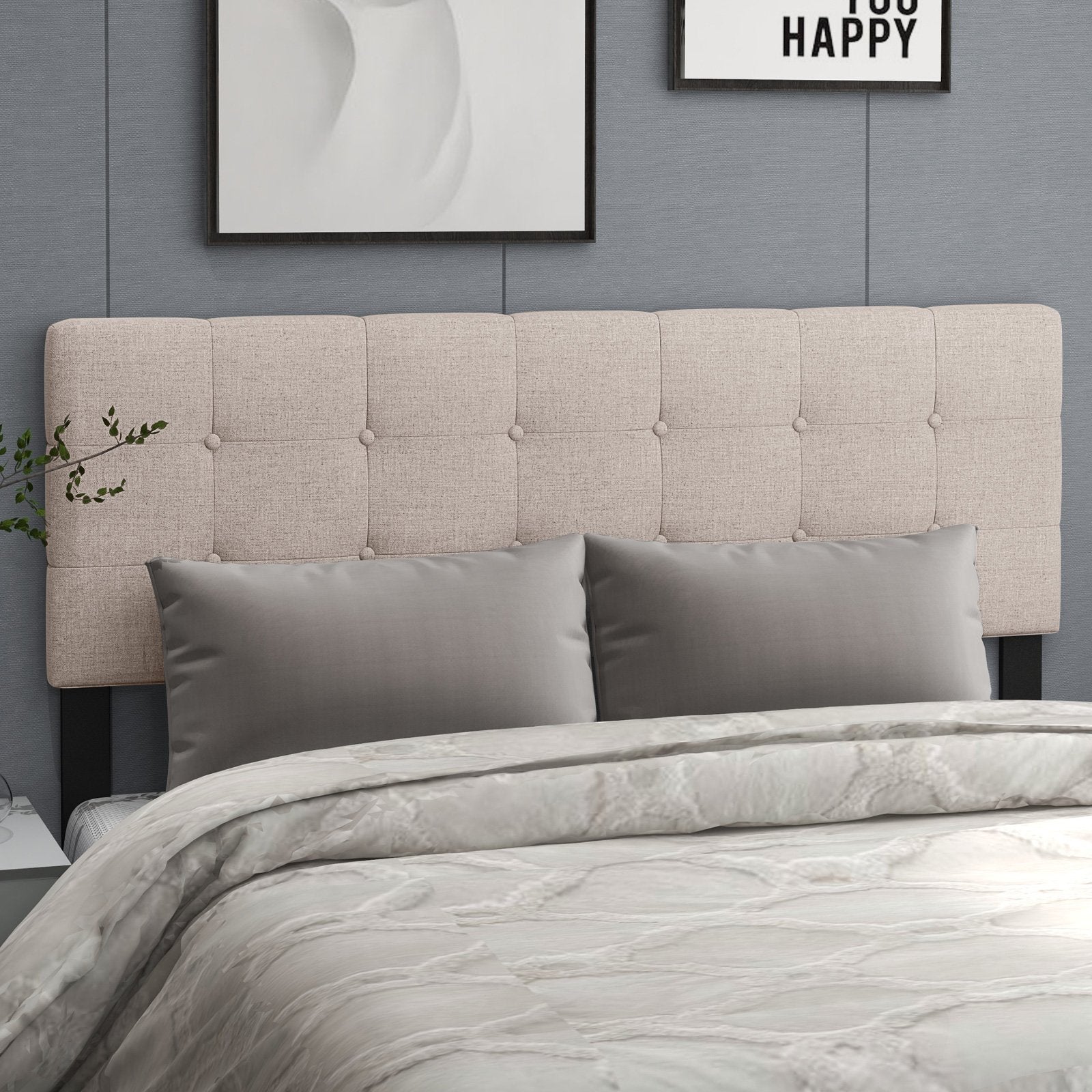 Linen Upholstered Headboard with Solid Rubber Wood Legs, Beige Headboards   at Gallery Canada