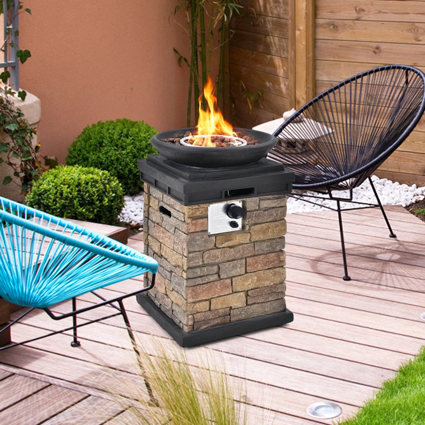 40000BTU Outdoor Propane Burning Fire Bowl Column Realistic Look Firepit Heater, Brown - Gallery Canada