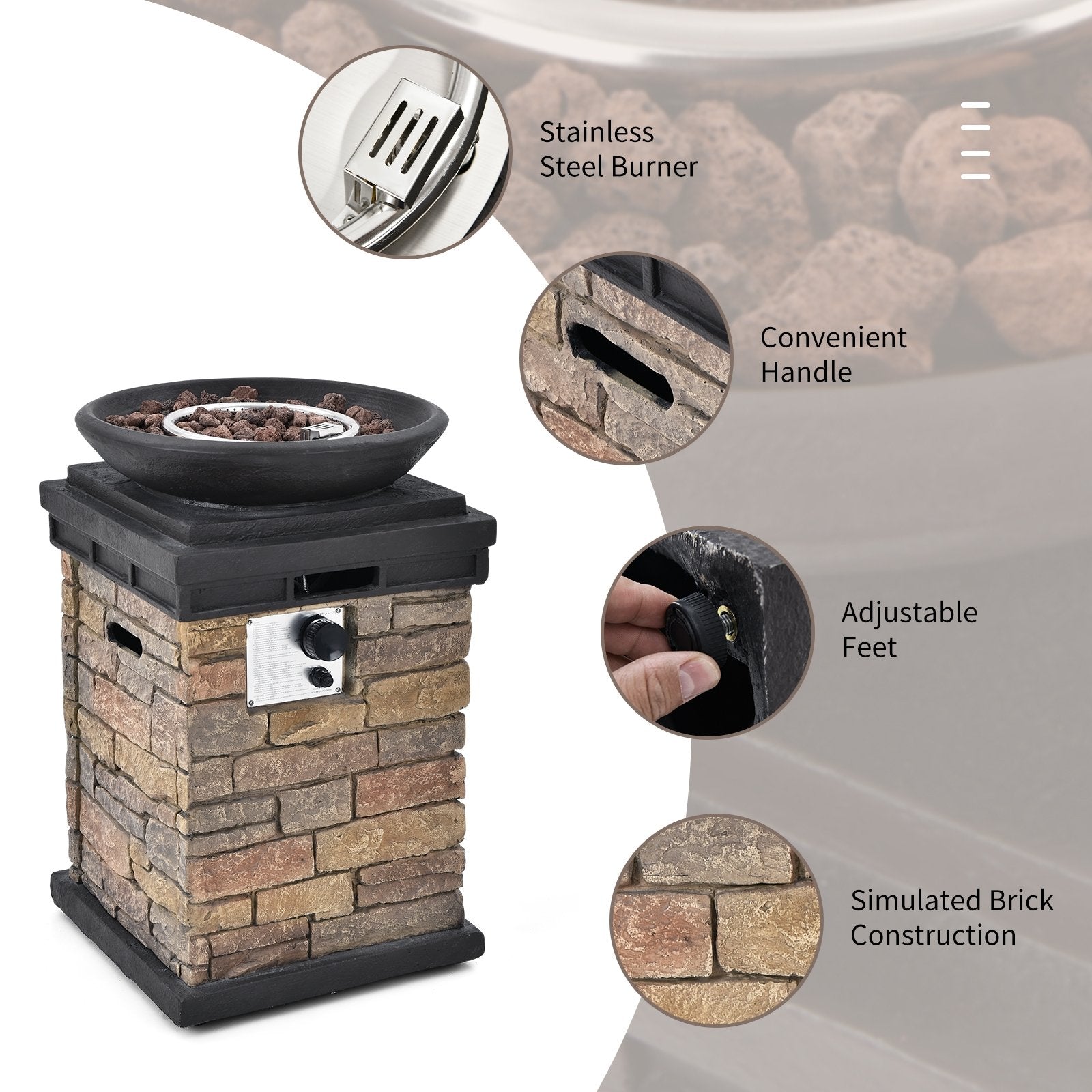 40000BTU Outdoor Propane Burning Fire Bowl Column Realistic Look Firepit Heater, Brown Fire Pits   at Gallery Canada