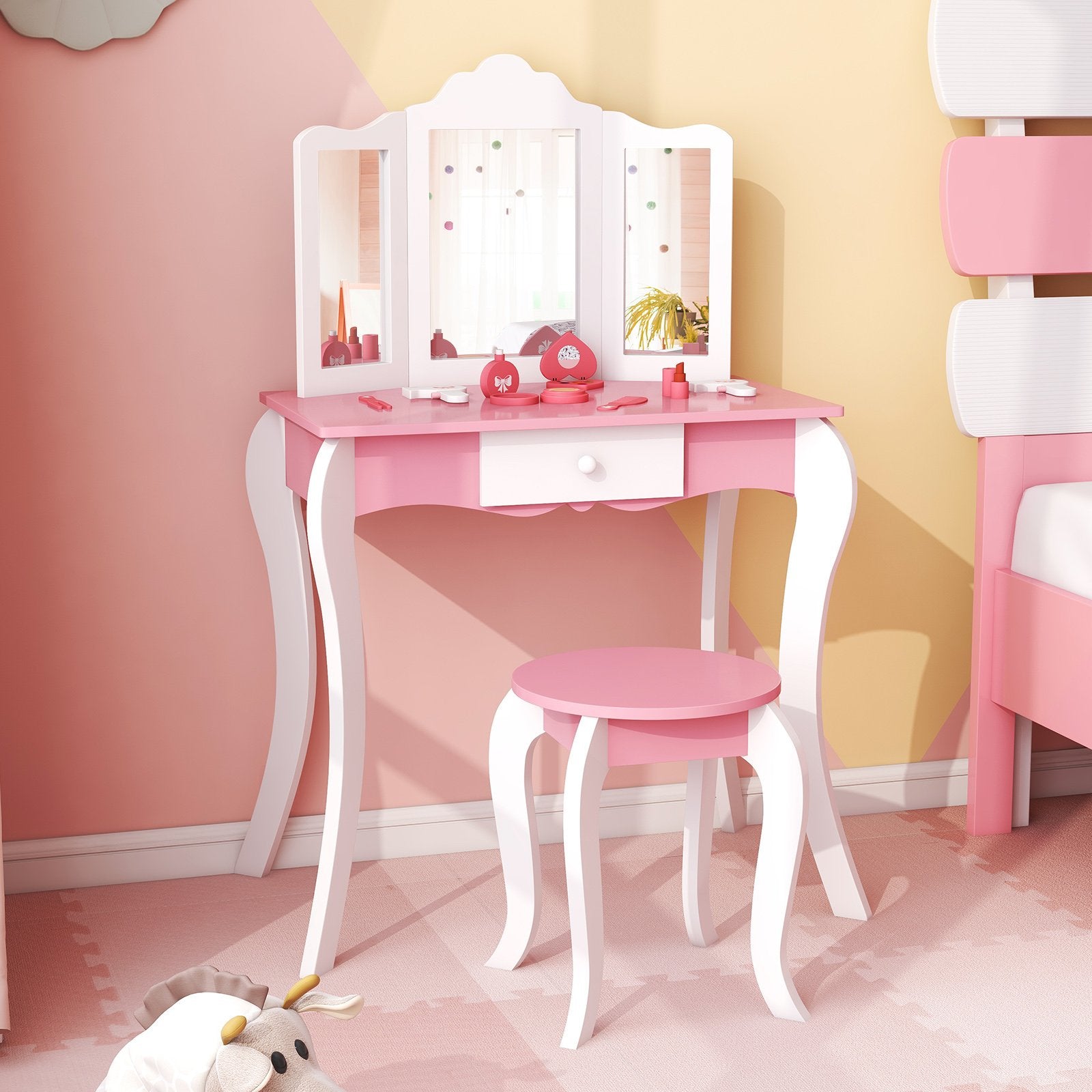 Kid's Wooden Vanity Table and Stool Set  with 3-Panel Acrylic Mirror, White Kids Vanities   at Gallery Canada