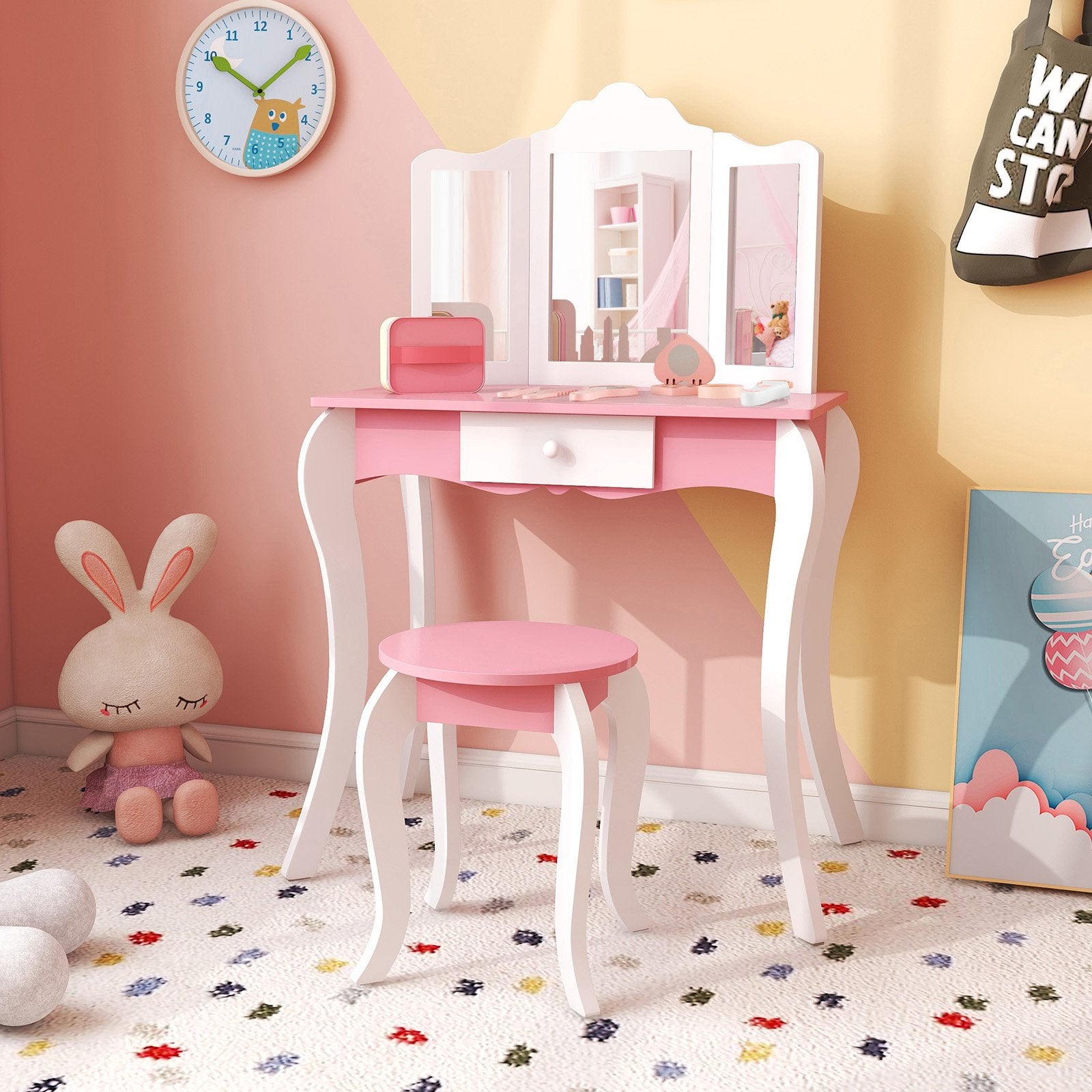 Kid's Wooden Vanity Table and Stool Set  with 3-Panel Acrylic Mirror, White Kids Vanities   at Gallery Canada