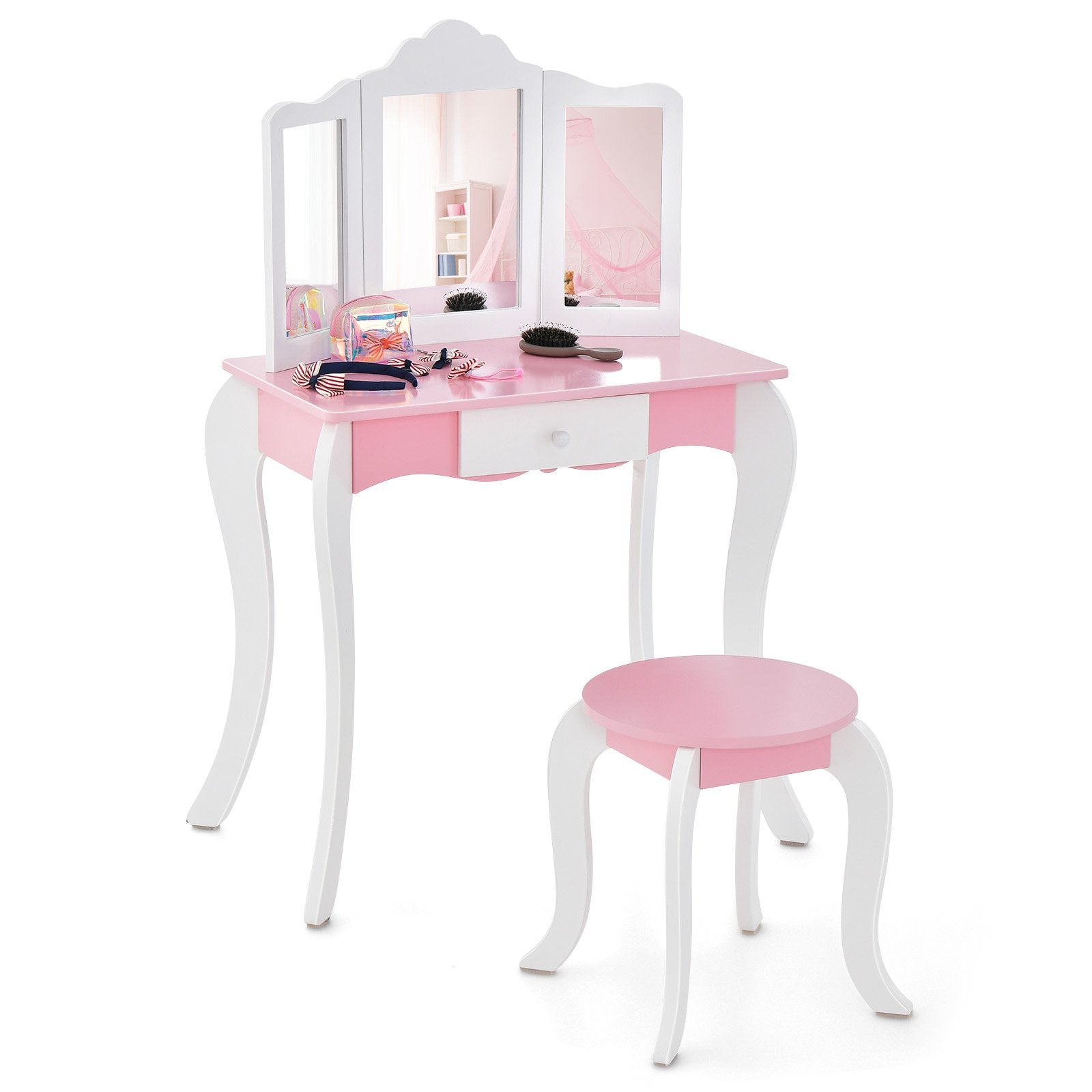 Kid's Wooden Vanity Table and Stool Set  with 3-Panel Acrylic Mirror, White Kids Vanities   at Gallery Canada