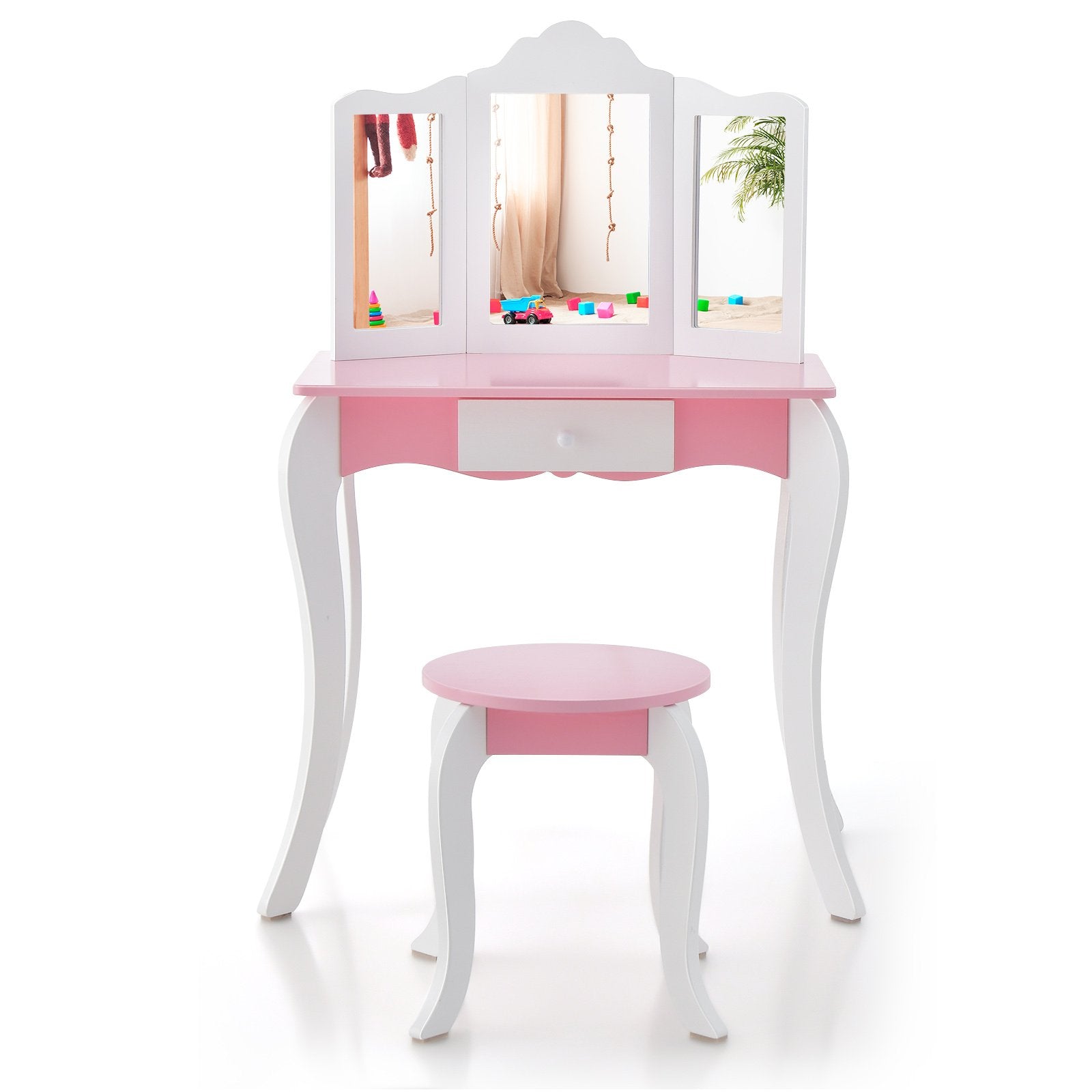 Kid's Wooden Vanity Table and Stool Set  with 3-Panel Acrylic Mirror, White Kids Vanities   at Gallery Canada