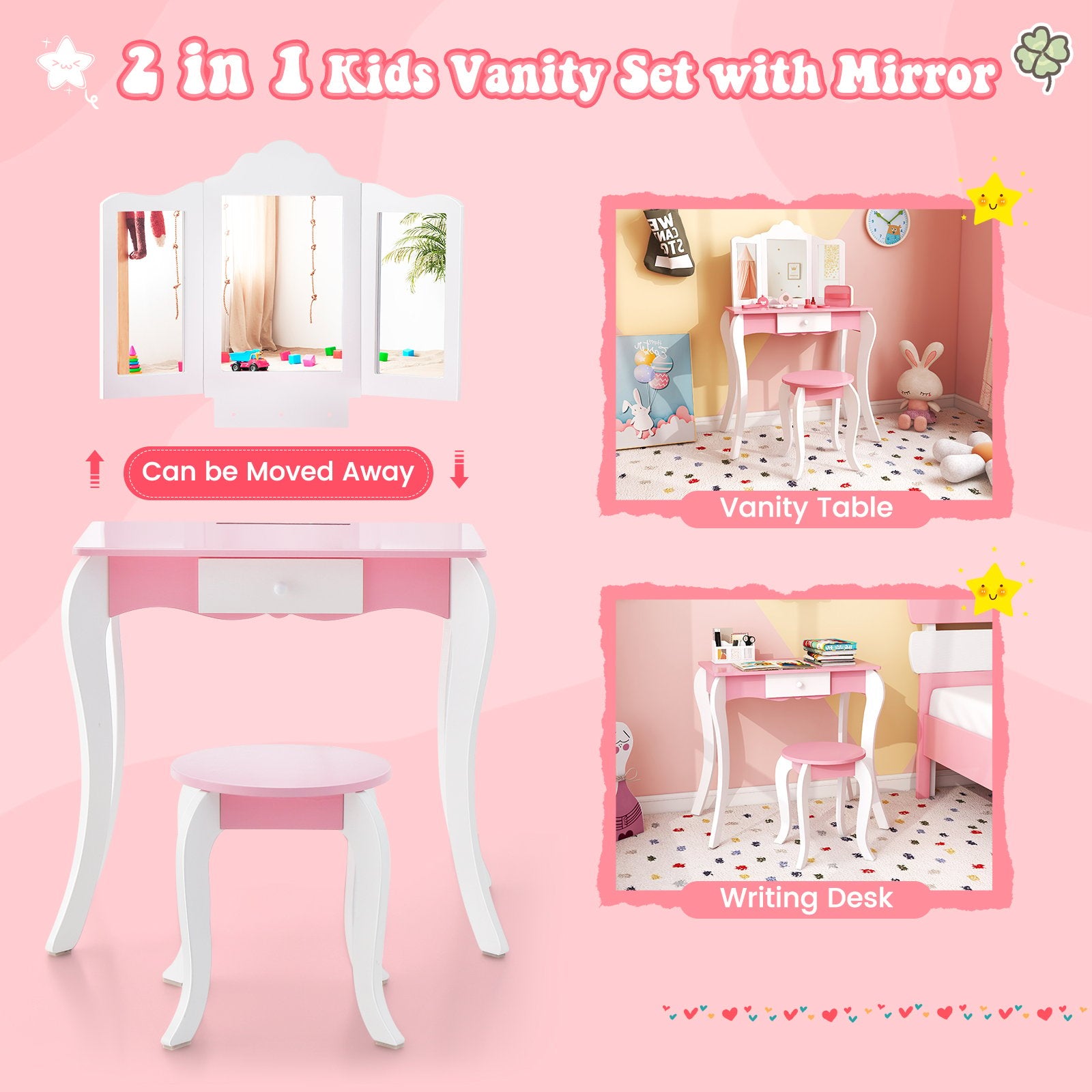 Kid's Wooden Vanity Table and Stool Set  with 3-Panel Acrylic Mirror, White Kids Vanities   at Gallery Canada