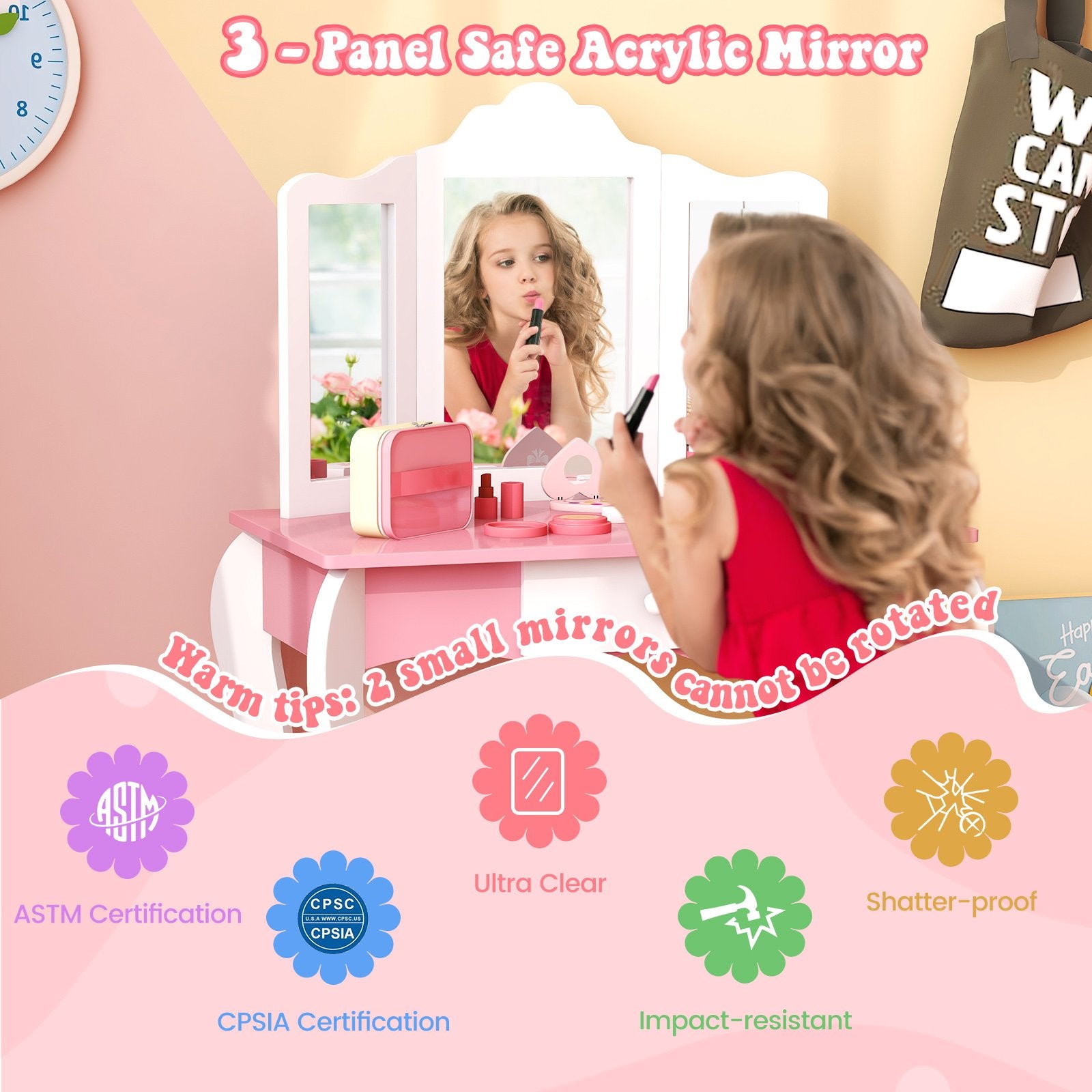 Kid's Wooden Vanity Table and Stool Set  with 3-Panel Acrylic Mirror, White Kids Vanities   at Gallery Canada