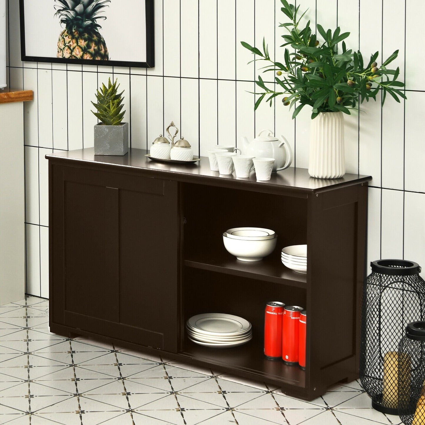 Kitchen Storage Cabinet with Wood Sliding Door, Brown Sideboards Cabinets & Buffets   at Gallery Canada