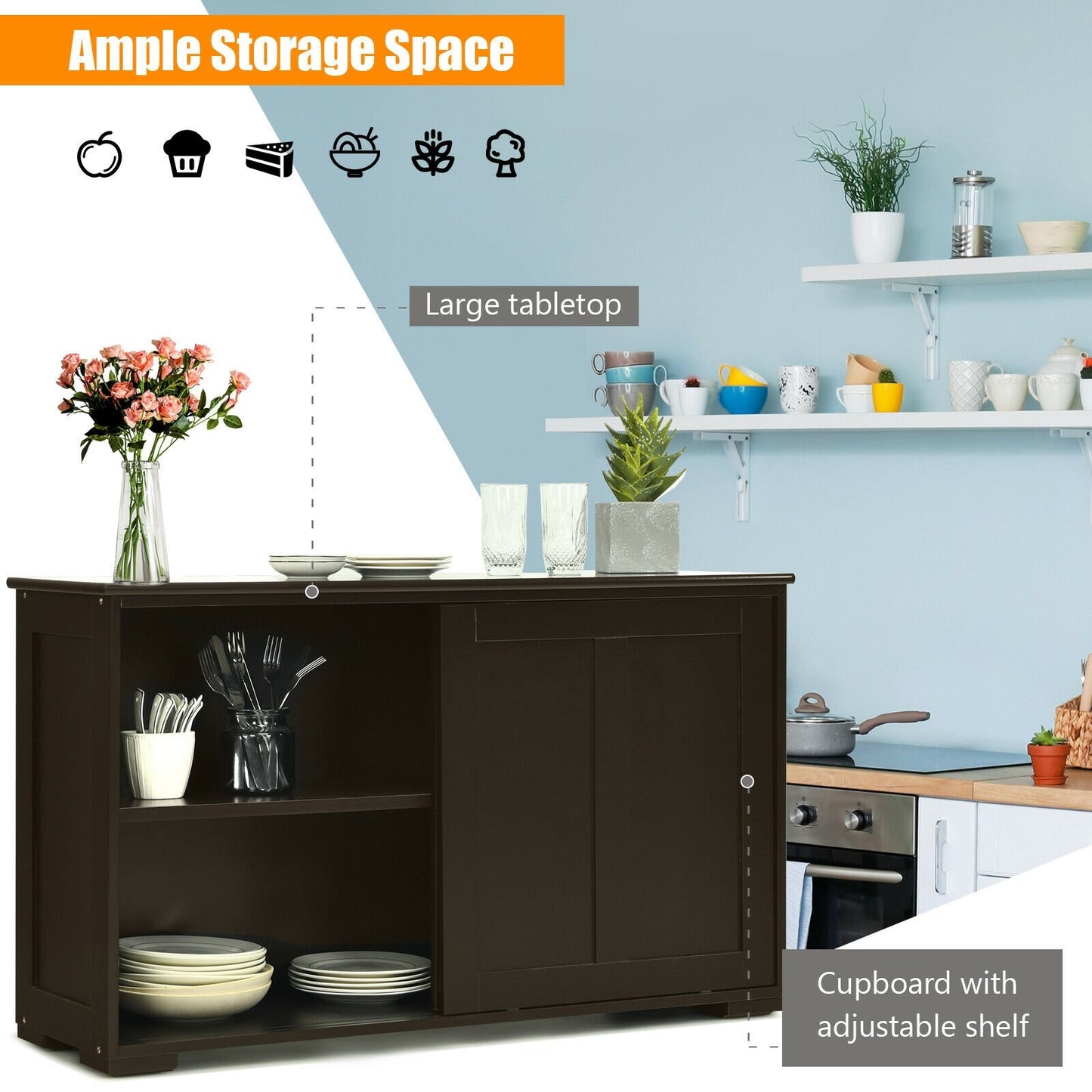 Kitchen Storage Cabinet with Wood Sliding Door, Brown Sideboards Cabinets & Buffets   at Gallery Canada