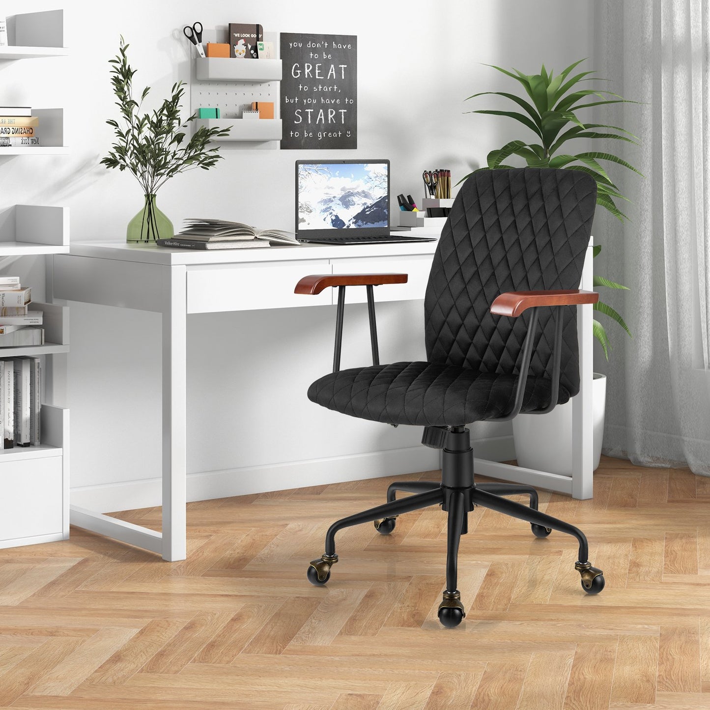 Velvet Home Office Chair with Wooden Armrest, Black Leisure Chairs   at Gallery Canada