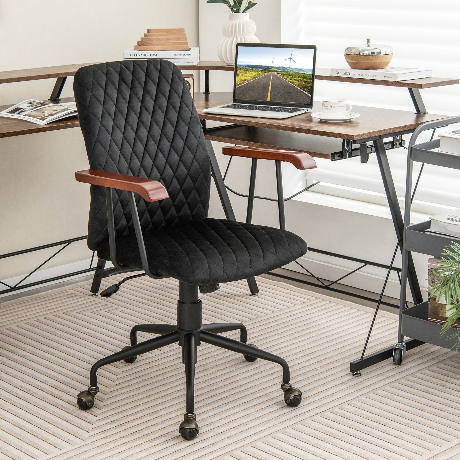 Velvet Home Office Chair with Wooden Armrest, Black Leisure Chairs   at Gallery Canada