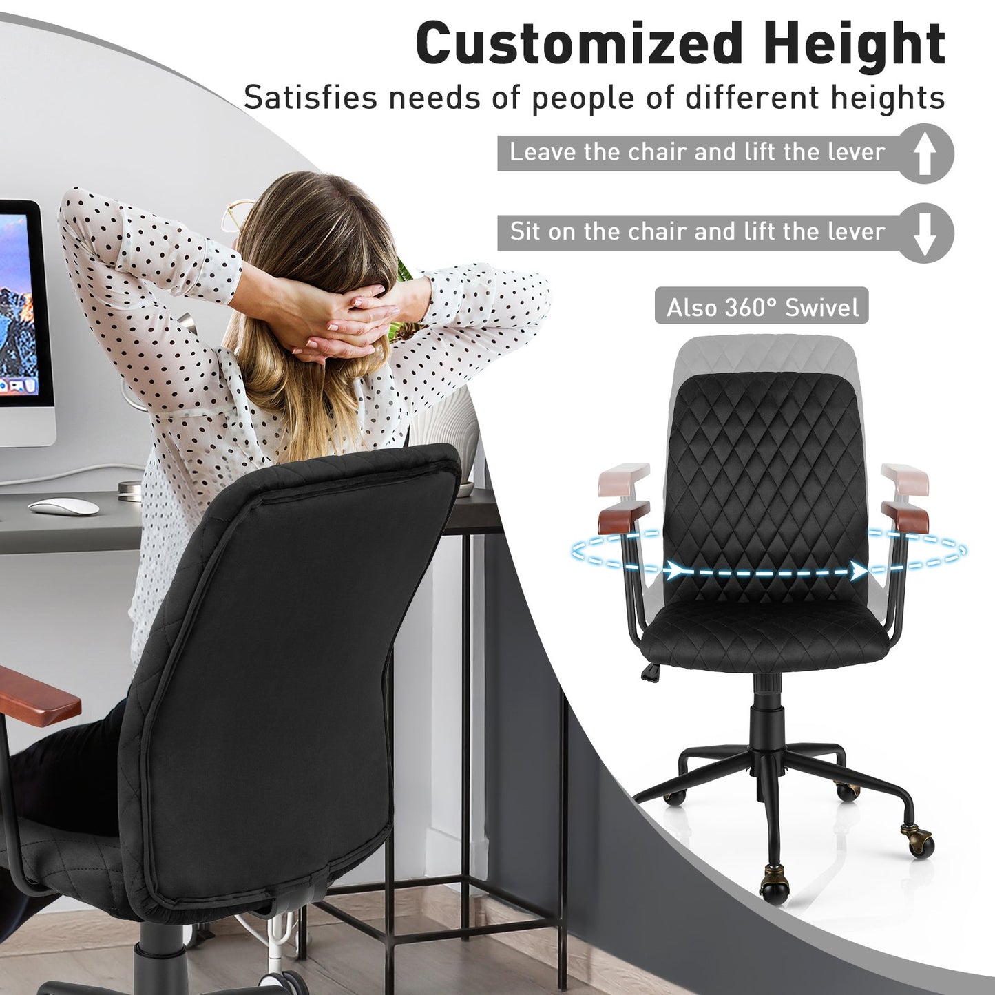 Velvet Home Office Chair with Wooden Armrest, Black Leisure Chairs   at Gallery Canada