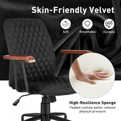 Velvet Home Office Chair with Wooden Armrest, Black Leisure Chairs   at Gallery Canada