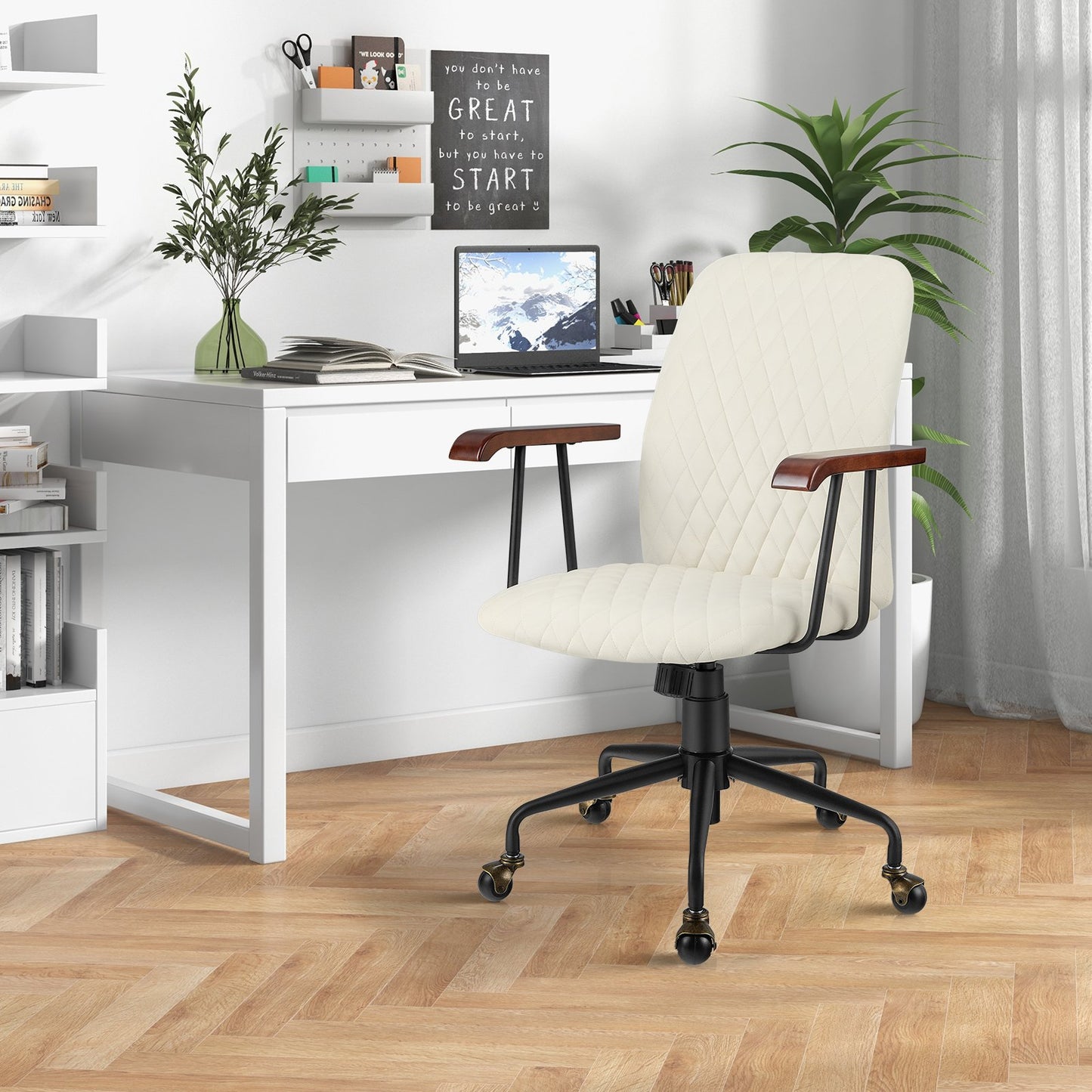 Velvet Home Office Chair with Wooden Armrest, Beige Leisure Chairs   at Gallery Canada