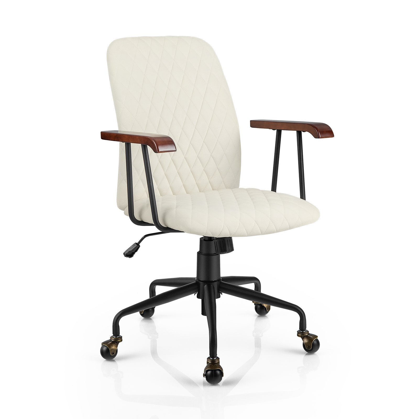 Velvet Home Office Chair with Wooden Armrest, Beige Leisure Chairs   at Gallery Canada