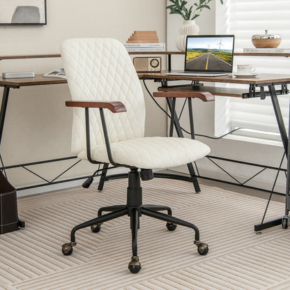 Velvet Home Office Chair with Wooden Armrest, Beige Leisure Chairs   at Gallery Canada