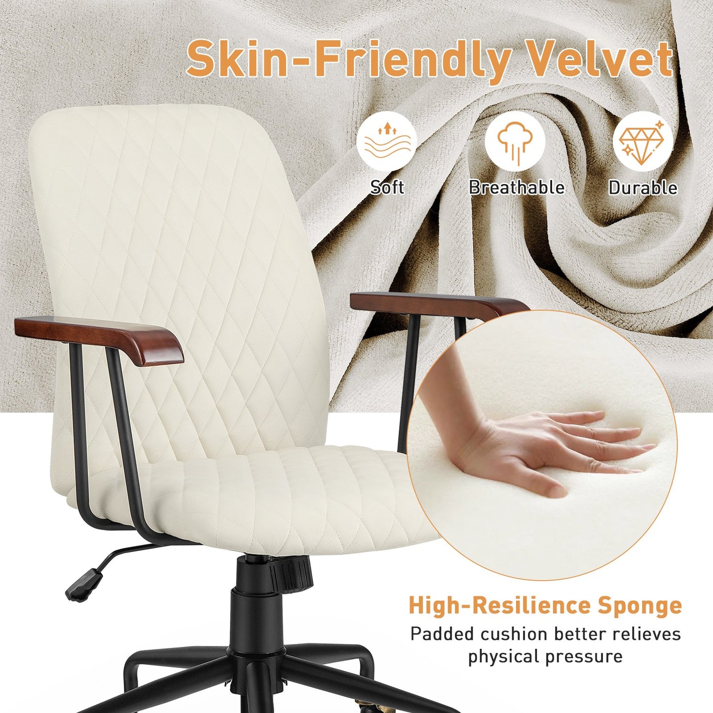 Velvet Home Office Chair with Wooden Armrest, Beige Leisure Chairs   at Gallery Canada