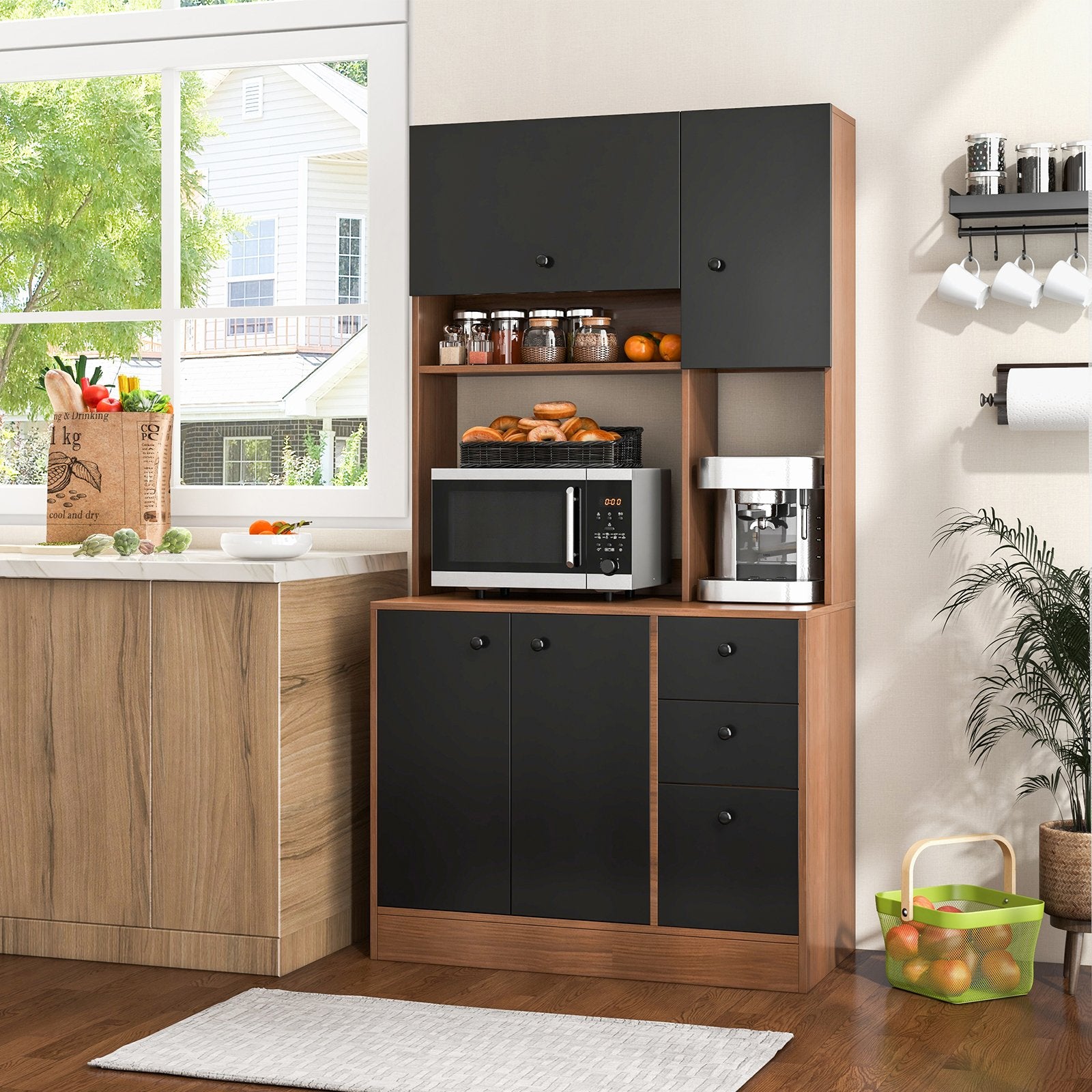 71 Inch Kitchen Pantry with 3 Storage Cabinet and 3 Deep Drawers, Walnut Sideboards Cabinets & Buffets   at Gallery Canada