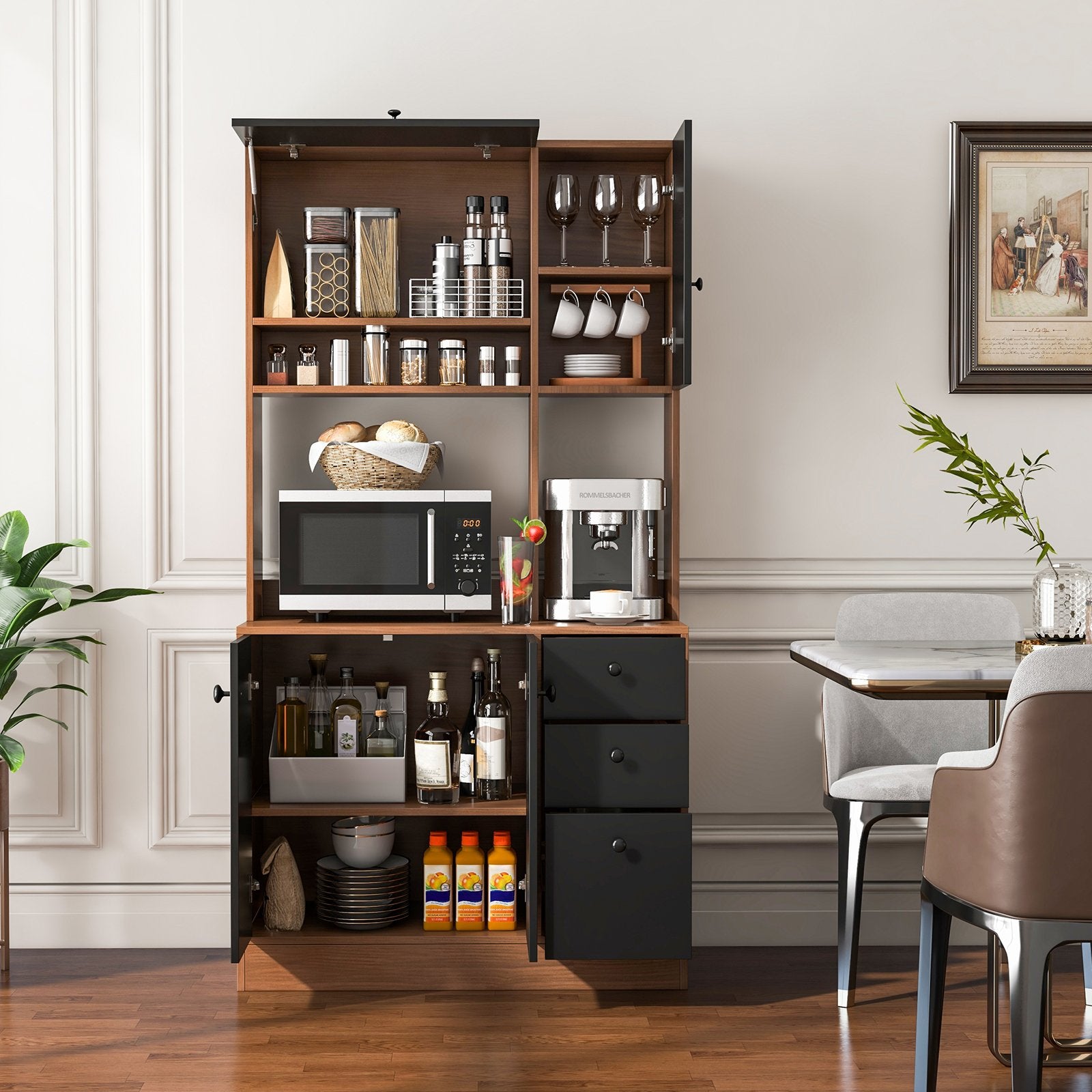 71 Inch Kitchen Pantry with 3 Storage Cabinet and 3 Deep Drawers, Walnut Sideboards Cabinets & Buffets   at Gallery Canada