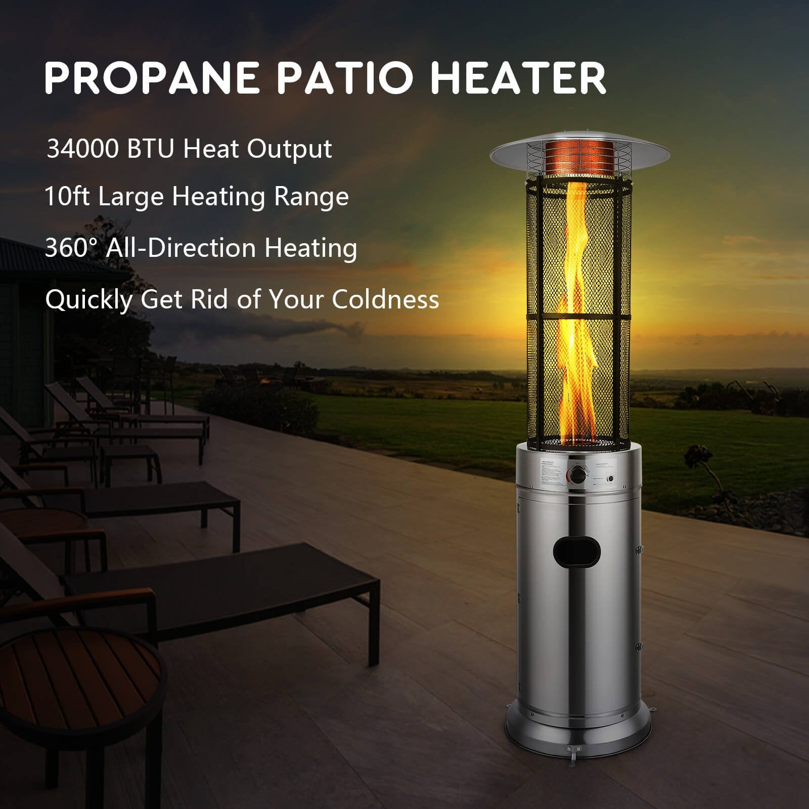 34000 BTU Stainless Steel Round Glass Tube Patio Heaters, Silver Patio Heaters   at Gallery Canada