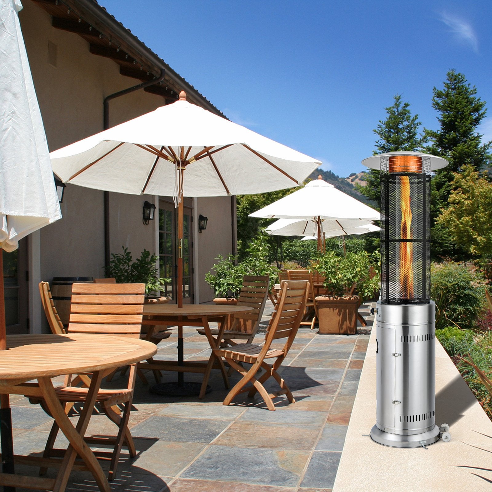 34000 BTU Stainless Steel Round Glass Tube Patio Heaters, Silver Patio Heaters   at Gallery Canada