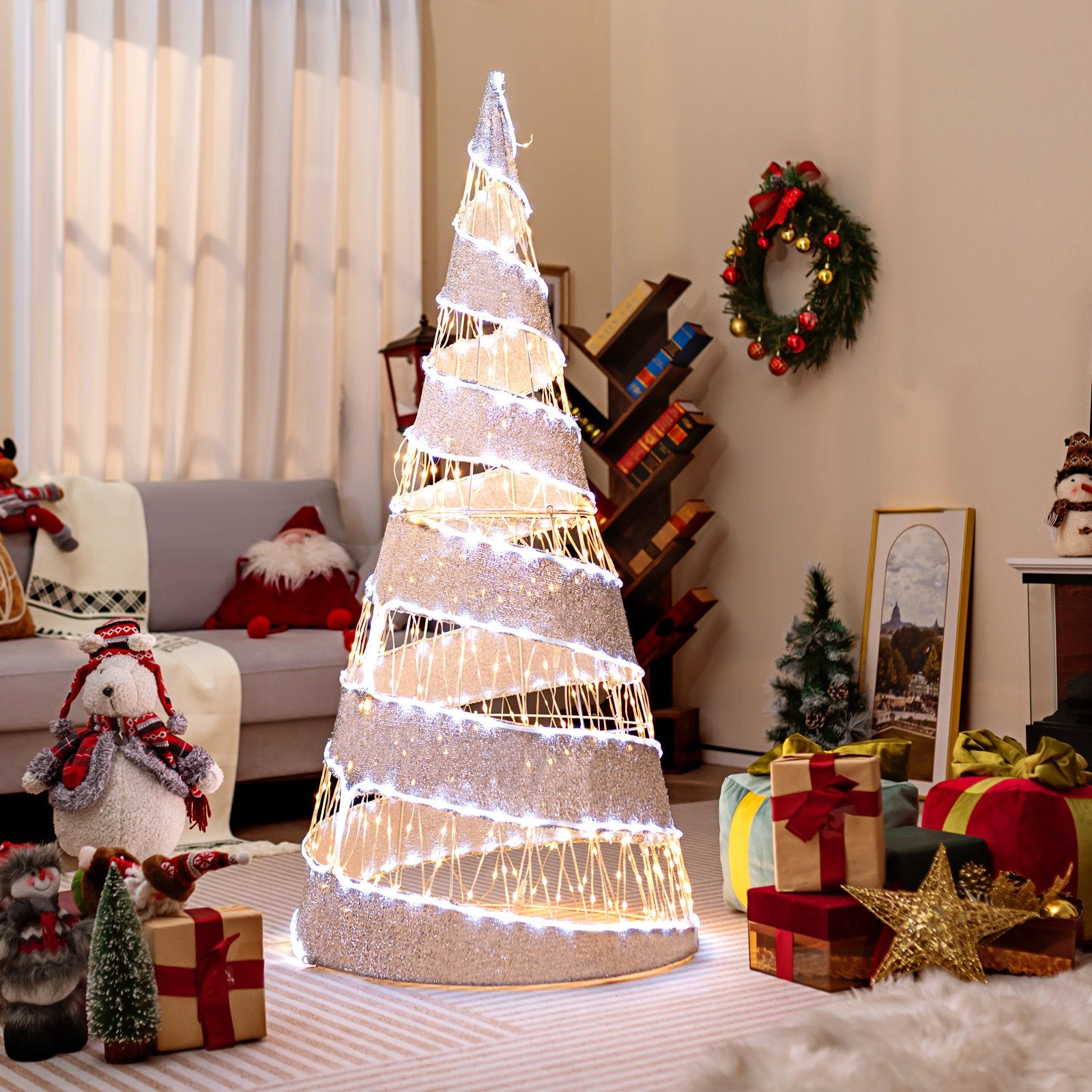 5 Feet Pre-lit Christmas Cone Tree with 300 Warm White and 250 Cold White LED Lights, White Christmas Tree   at Gallery Canada