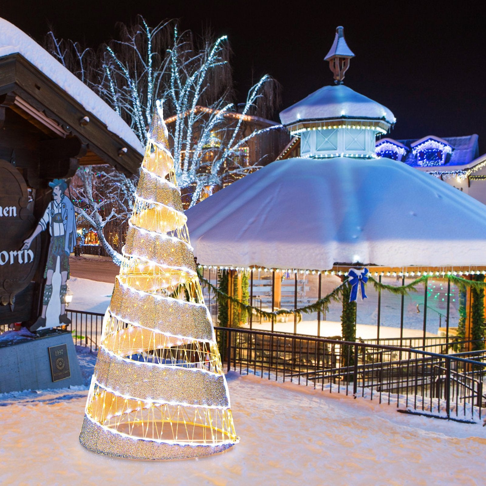 5 Feet Pre-lit Christmas Cone Tree with 300 Warm White and 250 Cold White LED Lights, White Christmas Tree   at Gallery Canada