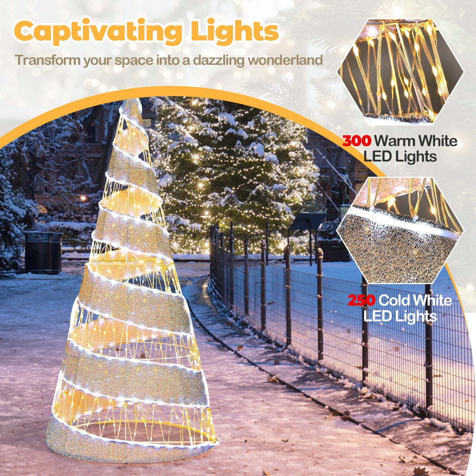 5 Feet Pre-lit Christmas Cone Tree with 300 Warm White and 250 Cold White LED Lights, White Christmas Tree   at Gallery Canada