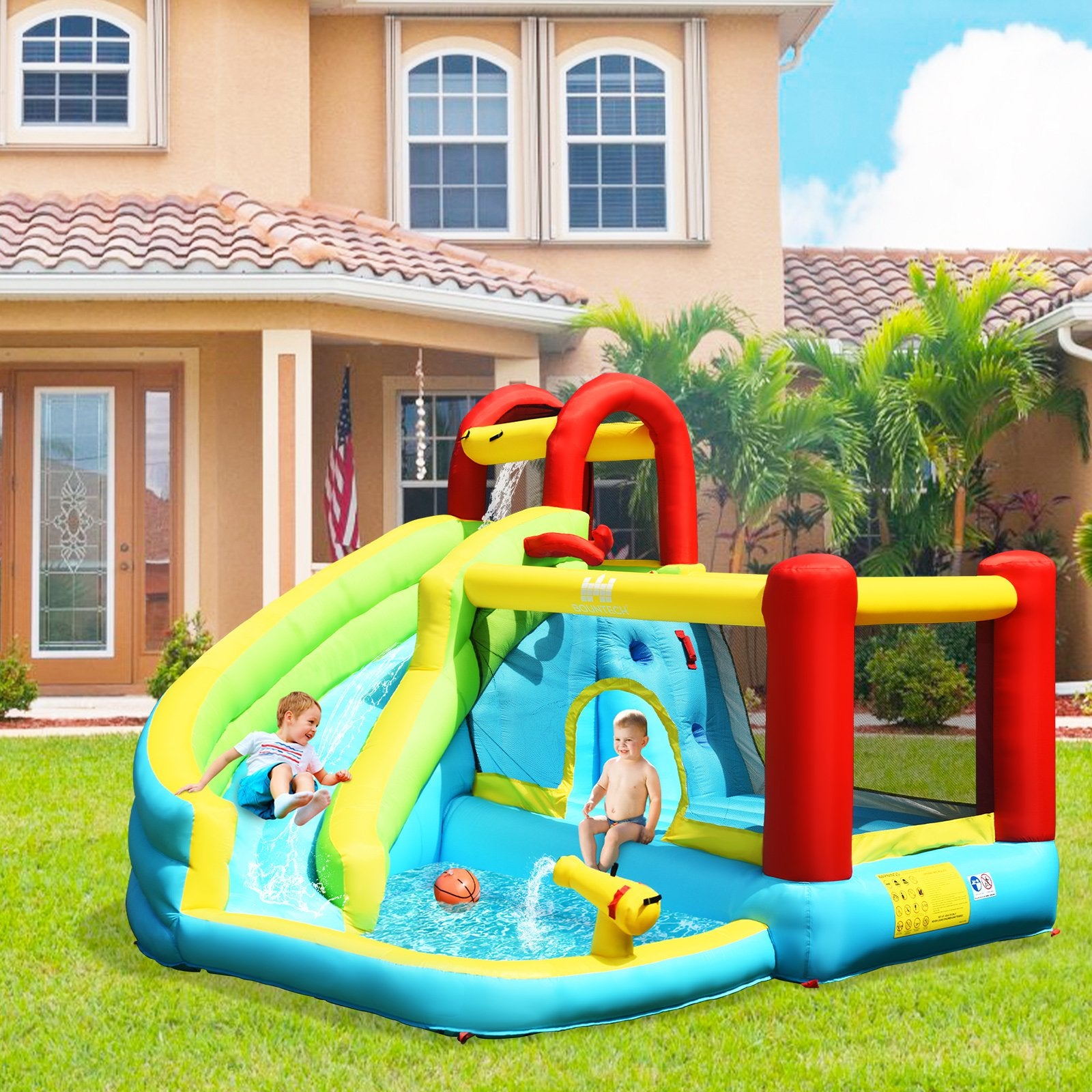 6-in-1 Inflatable Bounce House with Climbing Wall and Basketball Hoop with Blower, Multicolor Bounce House   at Gallery Canada