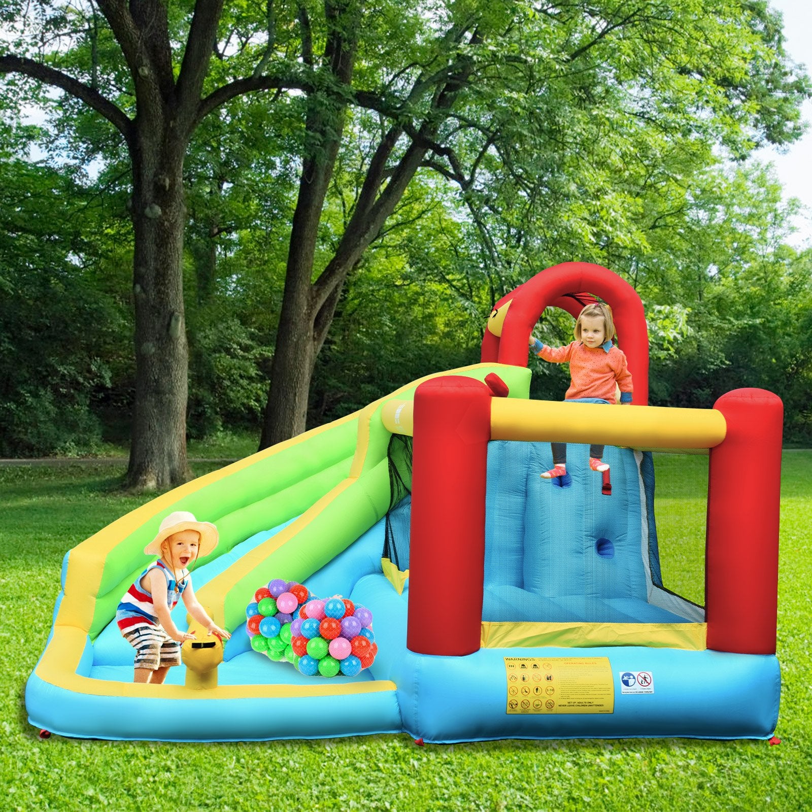 6-in-1 Inflatable Bounce House with Climbing Wall and Basketball Hoop with Blower, Multicolor Bounce House   at Gallery Canada