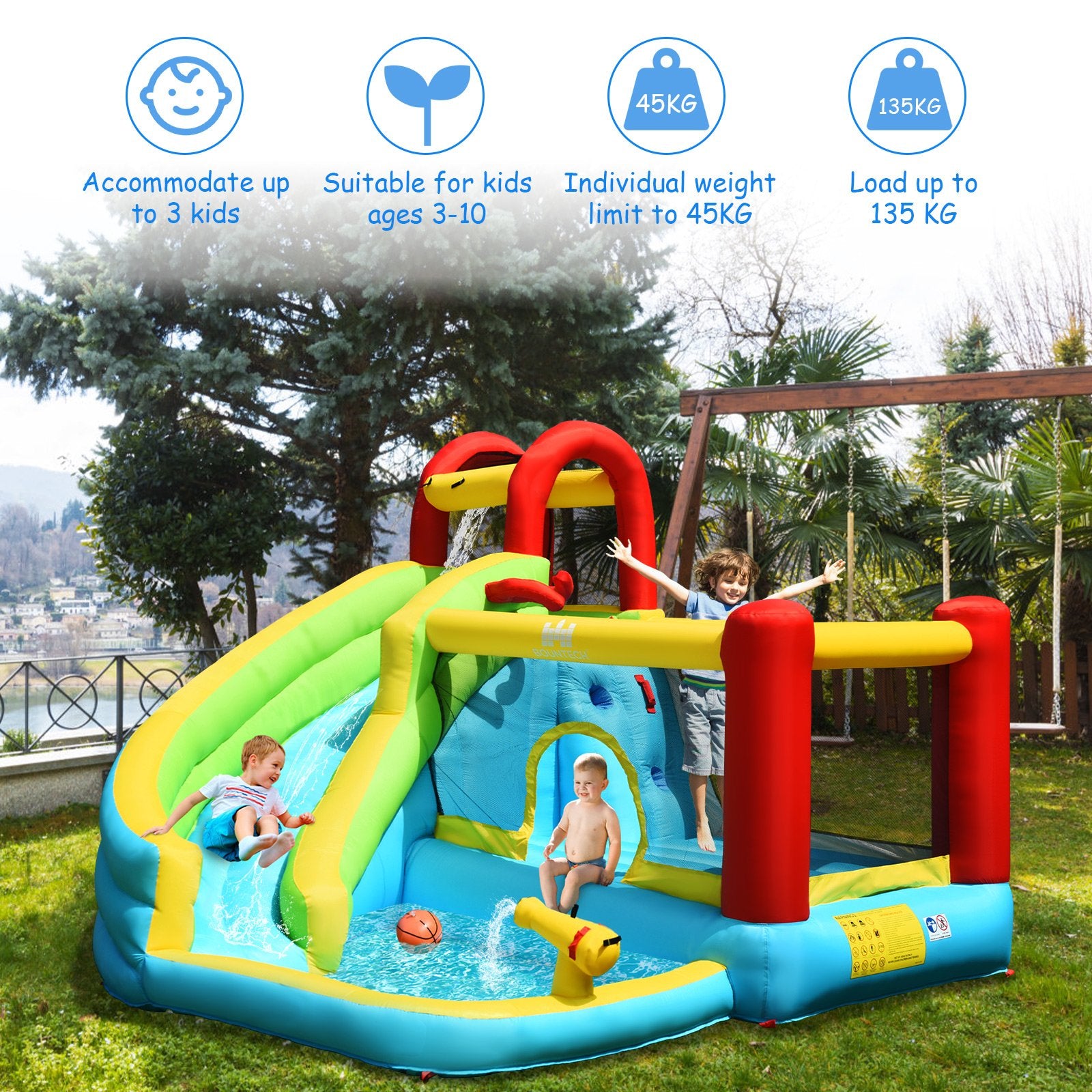 6-in-1 Inflatable Bounce House with Climbing Wall and Basketball Hoop with Blower, Multicolor Bounce House   at Gallery Canada