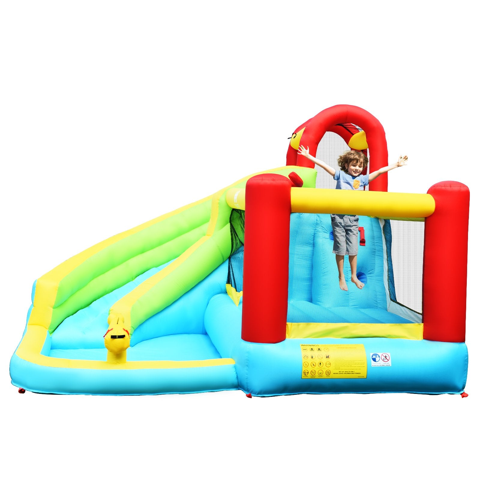 6-in-1 Inflatable Bounce House with Climbing Wall and Basketball Hoop with Blower, Multicolor Bounce House   at Gallery Canada