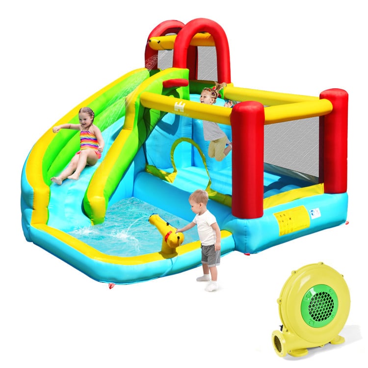 6-in-1 Inflatable Bounce House with Climbing Wall and Basketball Hoop with Blower, Multicolor Bounce House bright colors at Gallery Canada