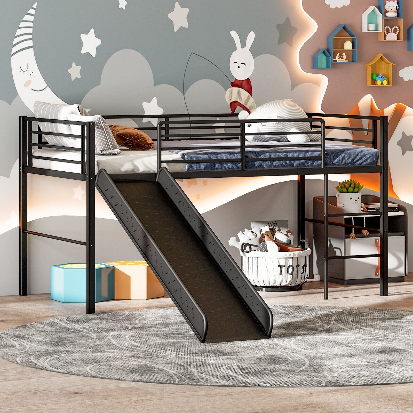 Twin Metal Loft Bed with Slide with Safety Guardrails and Built-in Ladder, Black Bunk Bed Frame   at Gallery Canada