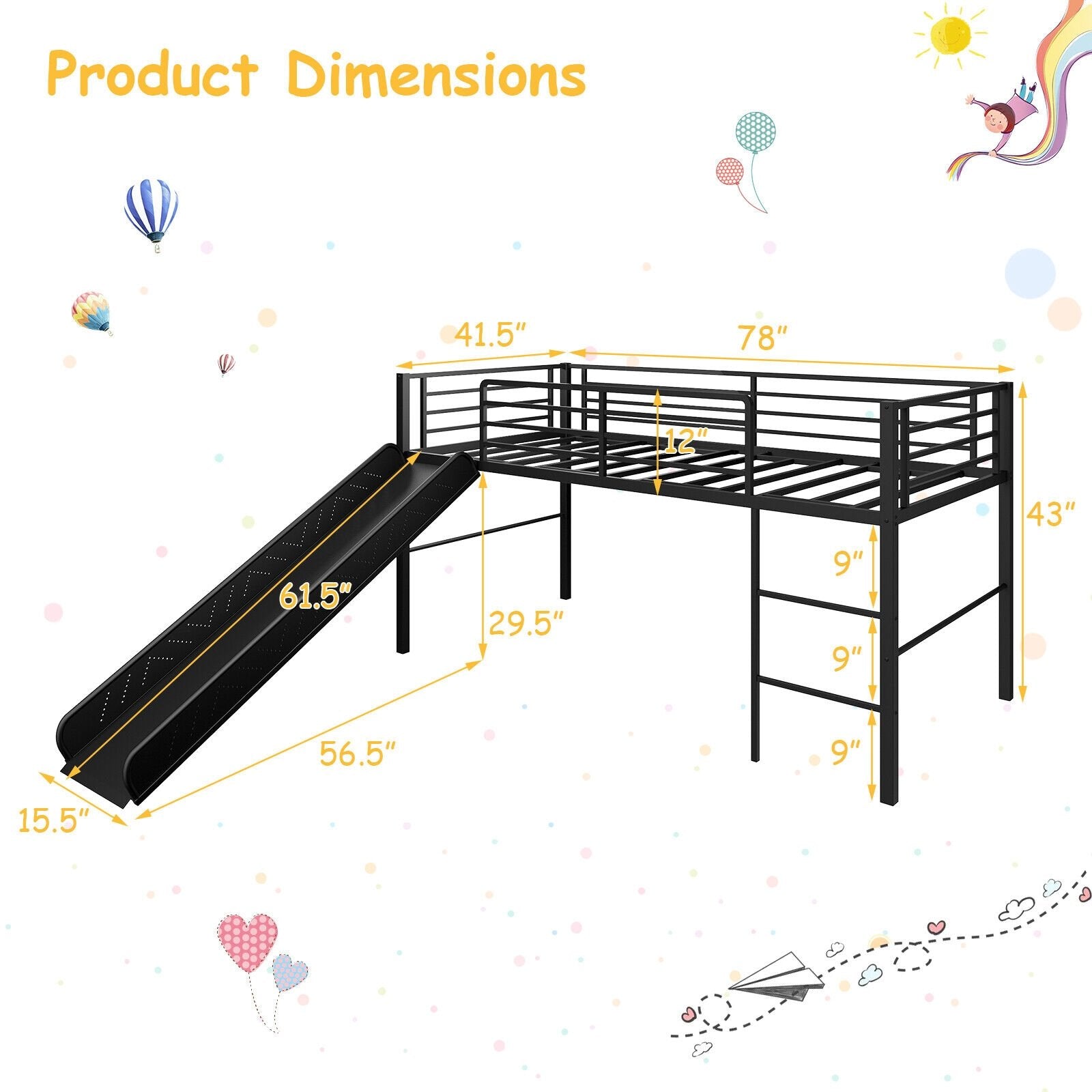 Twin Metal Loft Bed with Slide with Safety Guardrails and Built-in Ladder, Black Bunk Bed Frame   at Gallery Canada