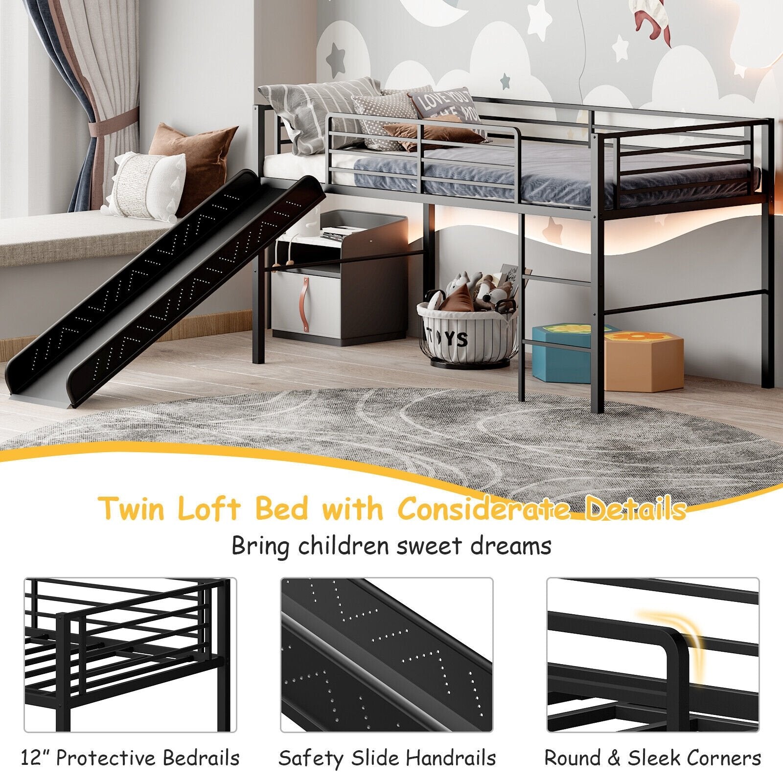 Twin Metal Loft Bed with Slide with Safety Guardrails and Built-in Ladder, Black Bunk Bed Frame   at Gallery Canada