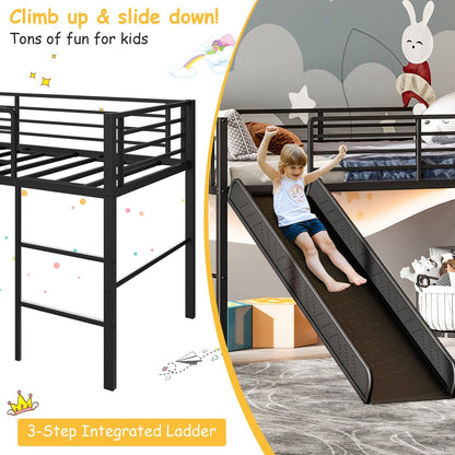 Twin Metal Loft Bed with Slide with Safety Guardrails and Built-in Ladder, Black Bunk Bed Frame   at Gallery Canada