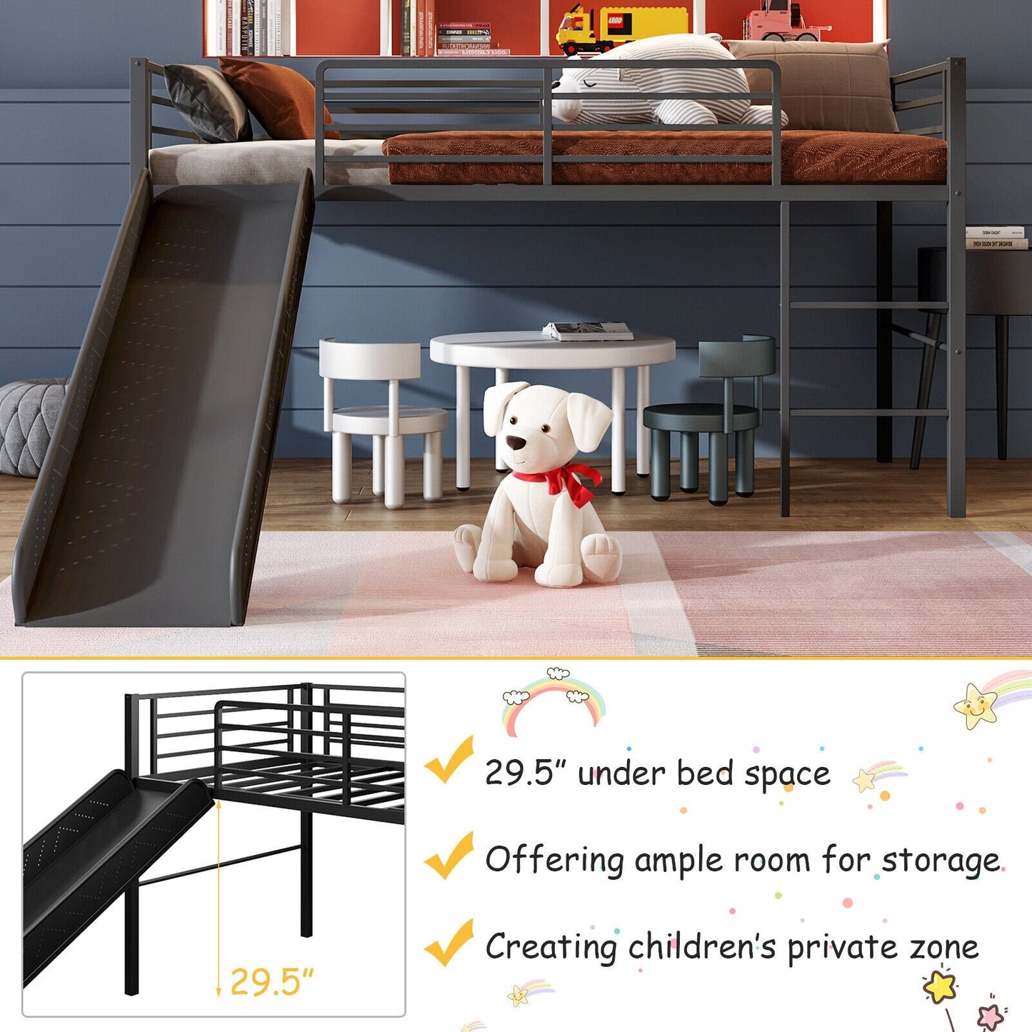 Twin Metal Loft Bed with Slide with Safety Guardrails and Built-in Ladder, Black Bunk Bed Frame   at Gallery Canada