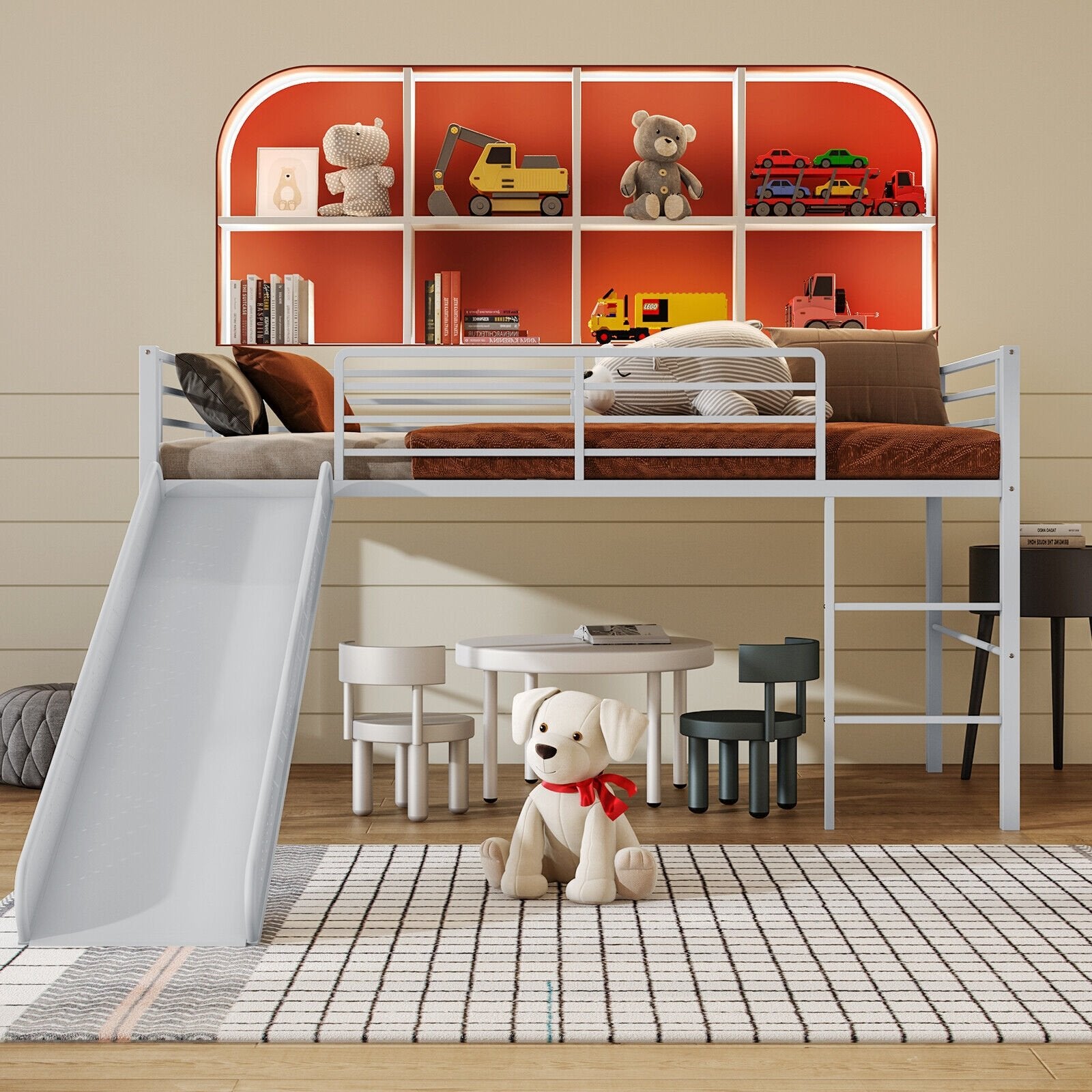 Twin Metal Loft Bed with Slide with Safety Guardrails and Built-in Ladder, Silver Bunk Bed Frame   at Gallery Canada