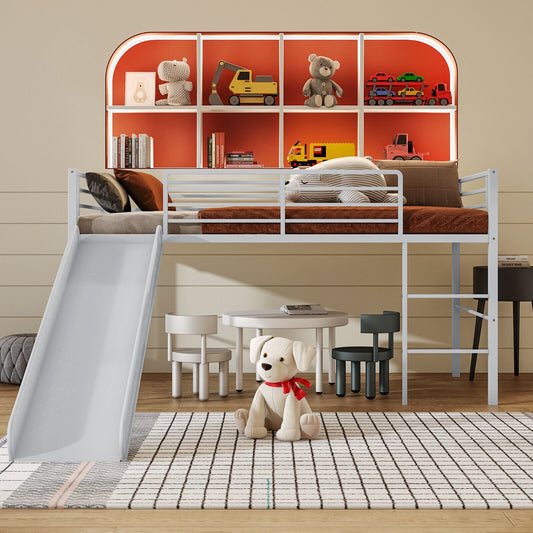 Twin Metal Loft Bed with Slide with Safety Guardrails and Built-in Ladder, Silver - Gallery Canada