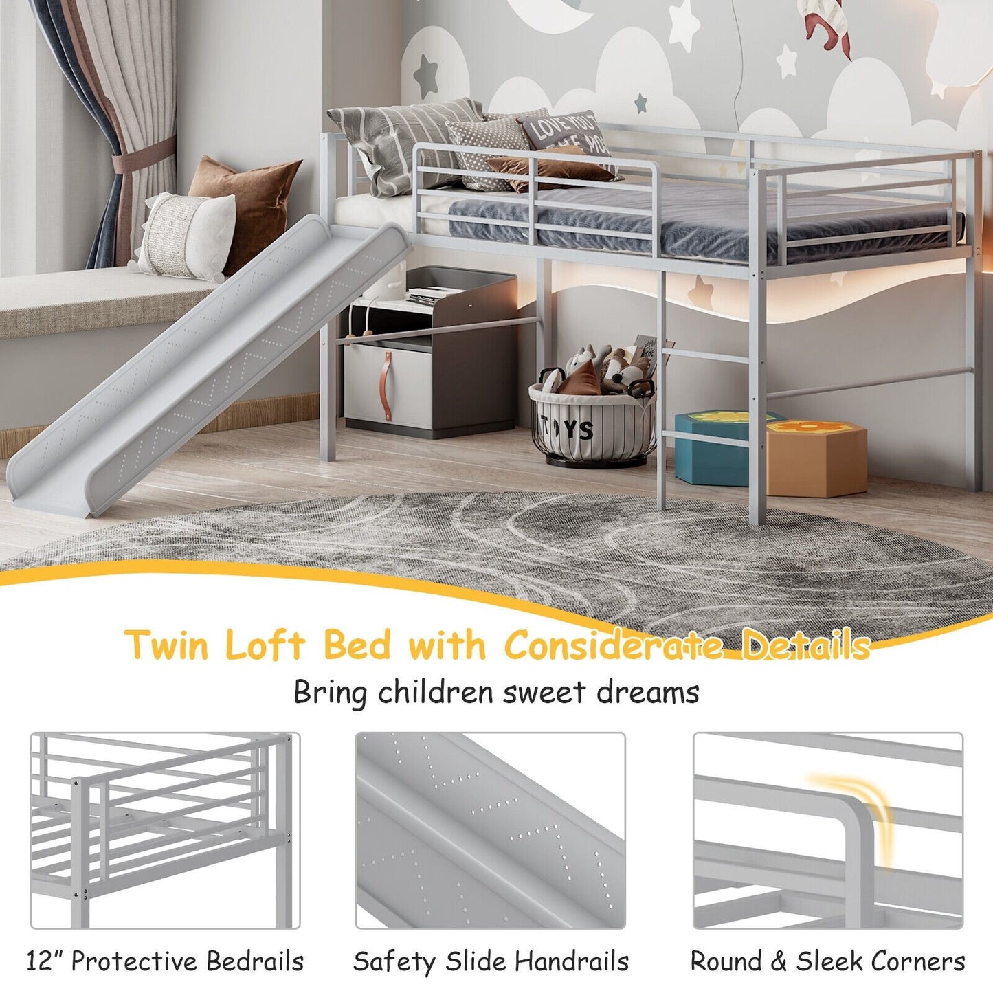 Twin Metal Loft Bed with Slide with Safety Guardrails and Built-in Ladder, Silver Bunk Bed Frame   at Gallery Canada