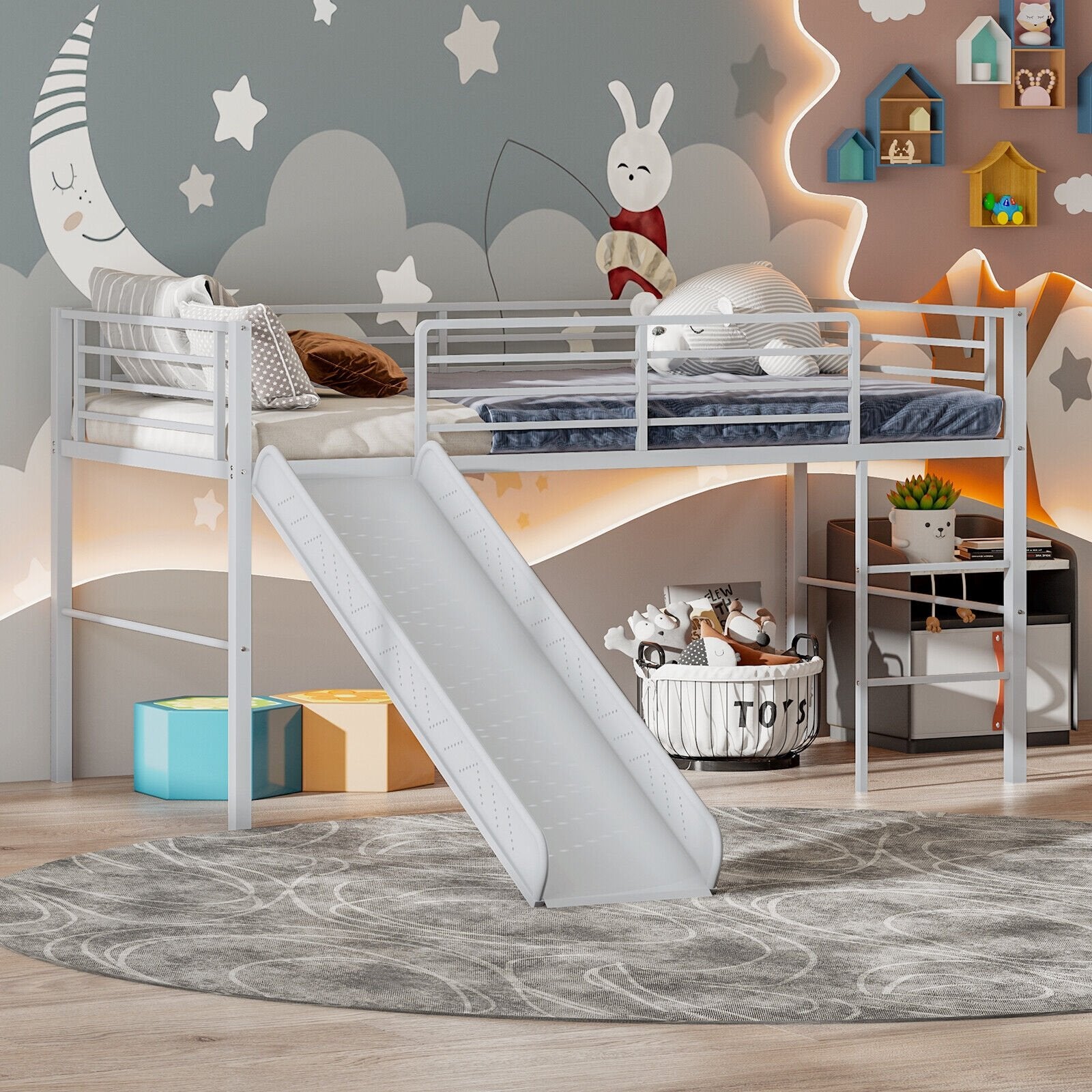 Twin Metal Loft Bed with Slide with Safety Guardrails and Built-in Ladder, Silver Bunk Bed Frame   at Gallery Canada