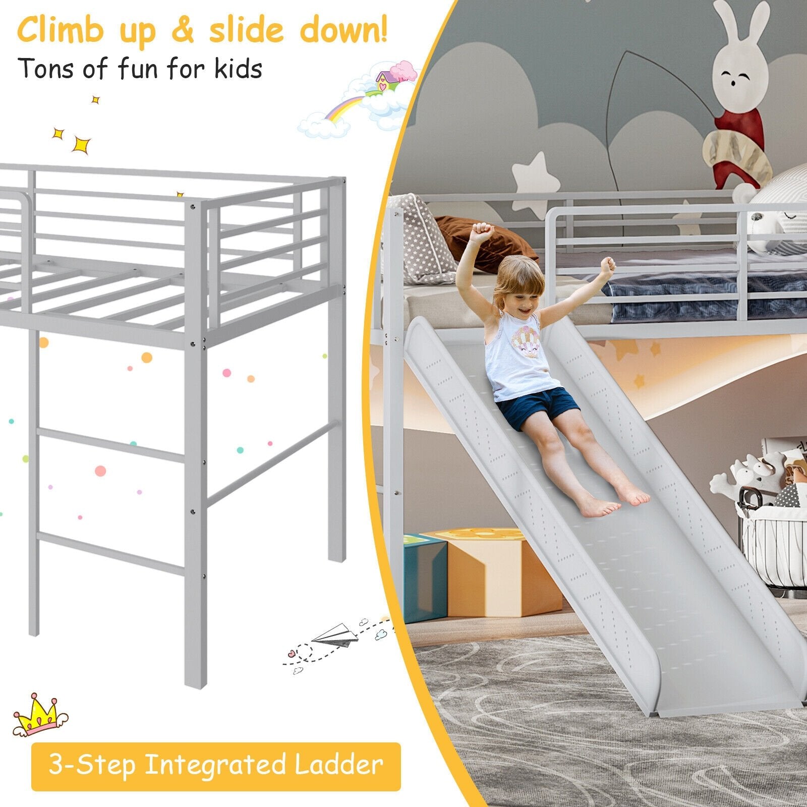 Twin Metal Loft Bed with Slide with Safety Guardrails and Built-in Ladder, Silver Bunk Bed Frame   at Gallery Canada