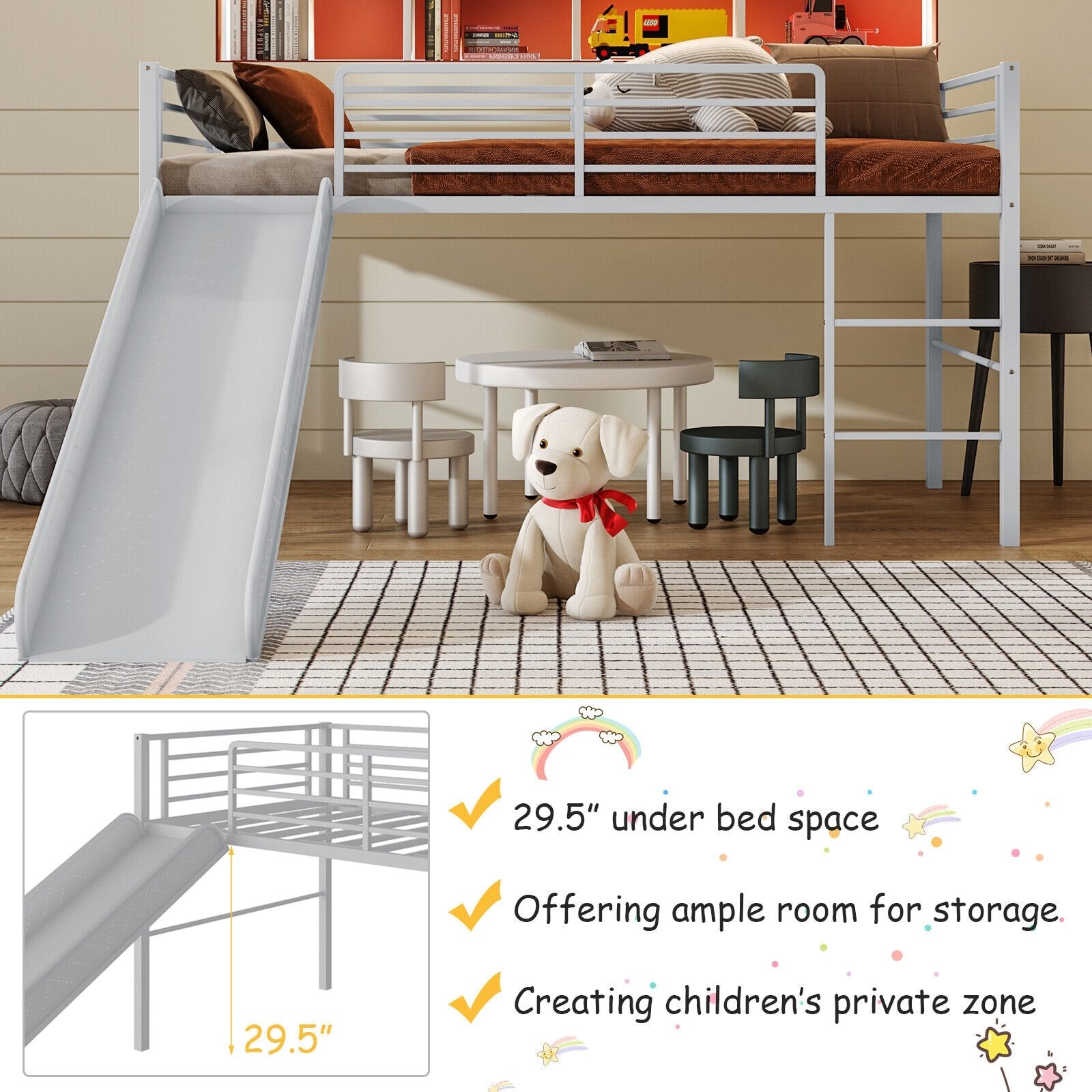 Twin Metal Loft Bed with Slide with Safety Guardrails and Built-in Ladder, Silver Bunk Bed Frame   at Gallery Canada