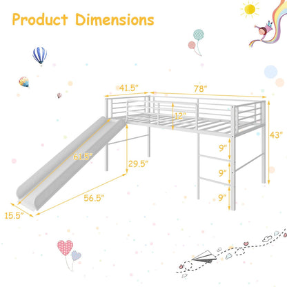 Twin Metal Loft Bed with Slide with Safety Guardrails and Built-in Ladder, White Bunk Bed Frame   at Gallery Canada