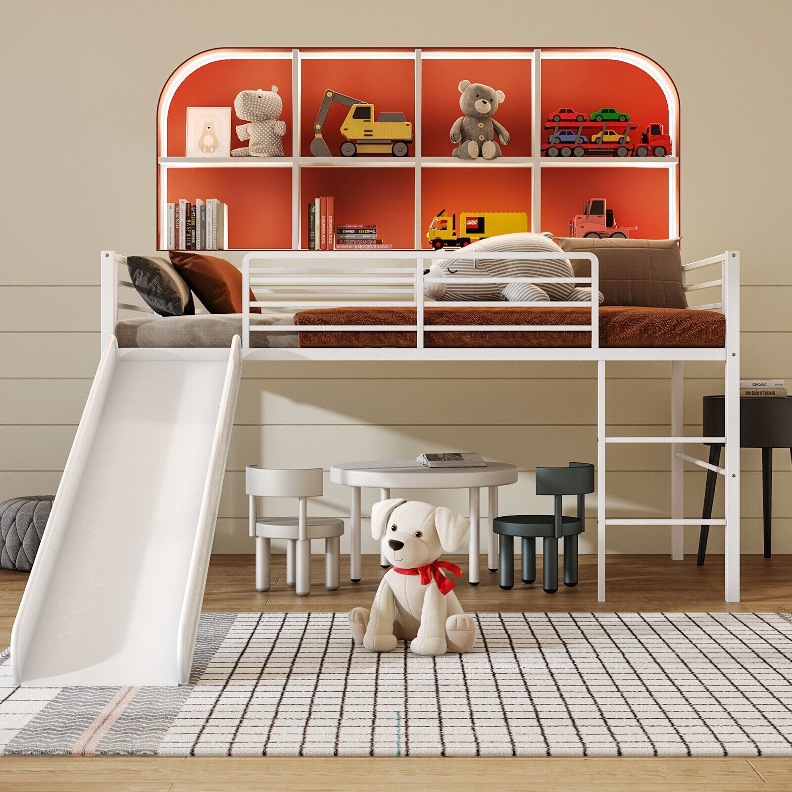 Twin Metal Loft Bed with Slide with Safety Guardrails and Built-in Ladder, White Bunk Bed Frame   at Gallery Canada