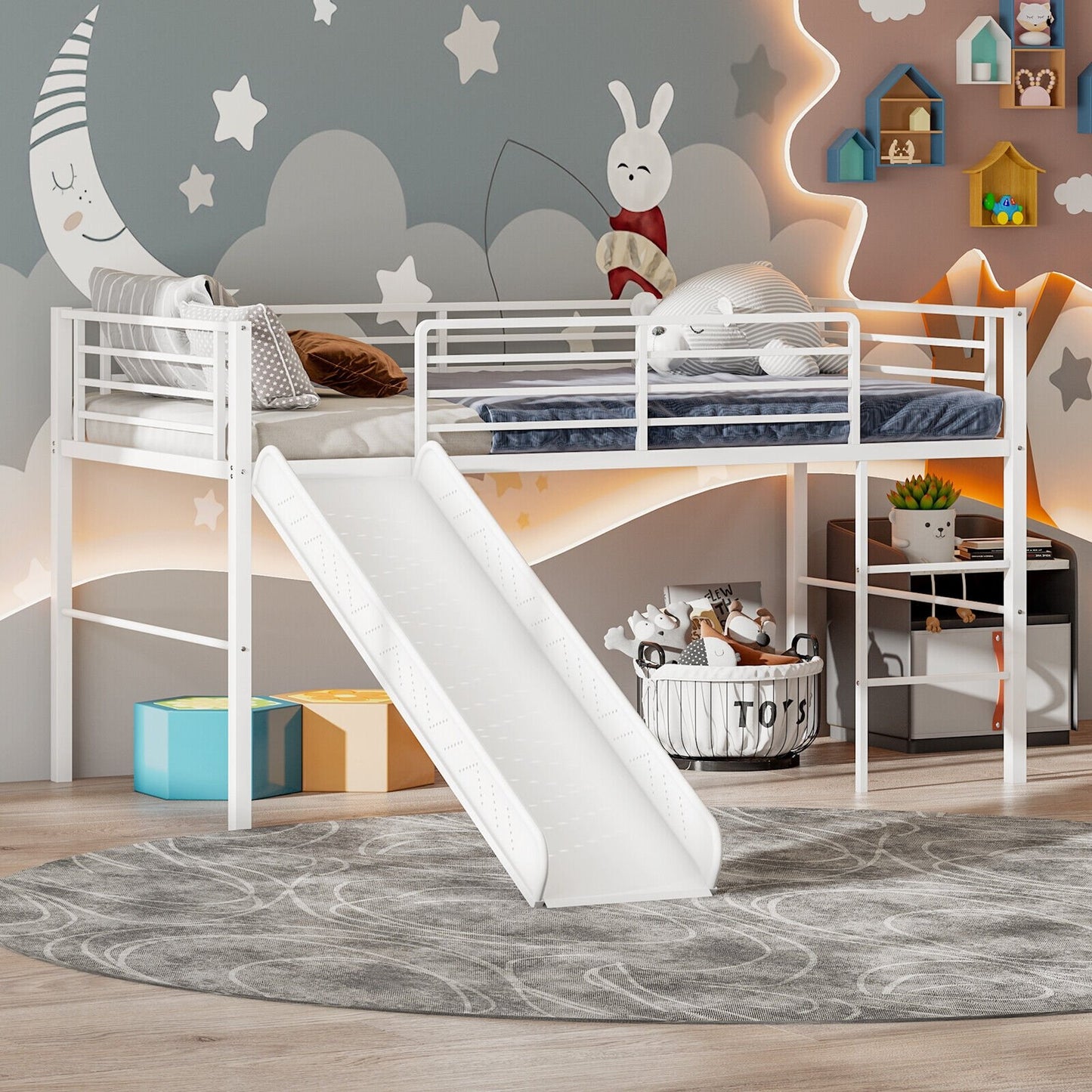 Twin Metal Loft Bed with Slide with Safety Guardrails and Built-in Ladder, White Bunk Bed Frame   at Gallery Canada