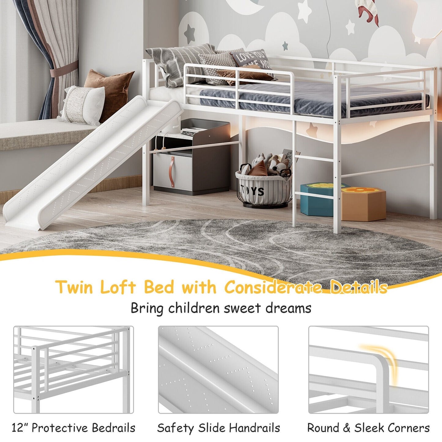 Twin Metal Loft Bed with Slide with Safety Guardrails and Built-in Ladder, White Bunk Bed Frame   at Gallery Canada