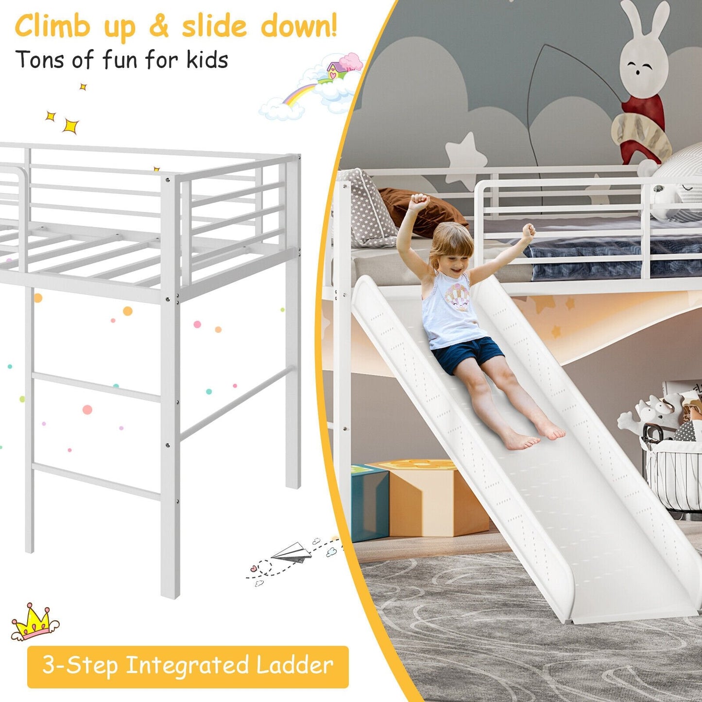 Twin Metal Loft Bed with Slide with Safety Guardrails and Built-in Ladder, White Bunk Bed Frame   at Gallery Canada