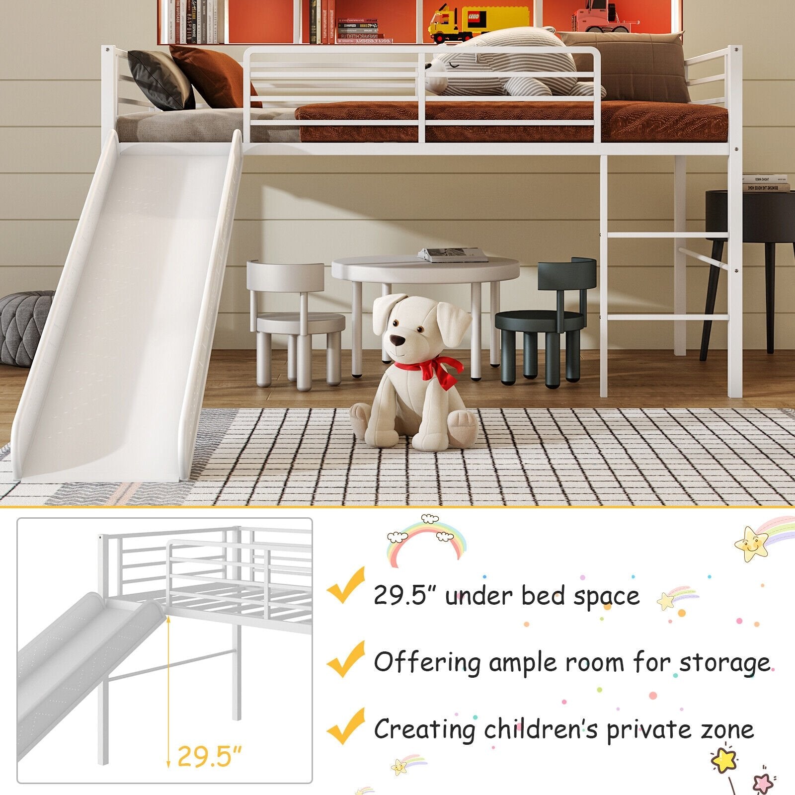 Twin Metal Loft Bed with Slide with Safety Guardrails and Built-in Ladder, White Bunk Bed Frame   at Gallery Canada