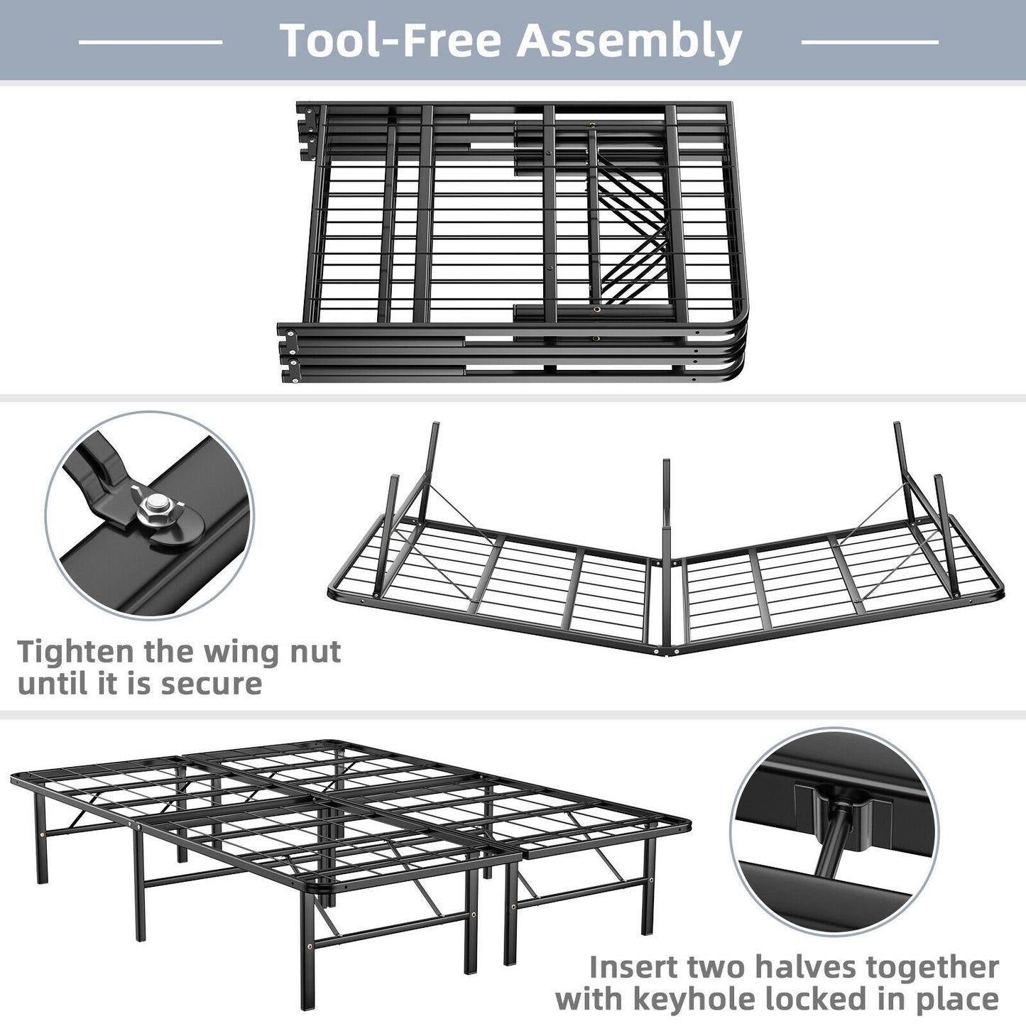 Twin/Full/Queen Size Foldable Metal Platform Bed with Tool-Free Assembly-Full Size, Black Simple Bed Frame   at Gallery Canada