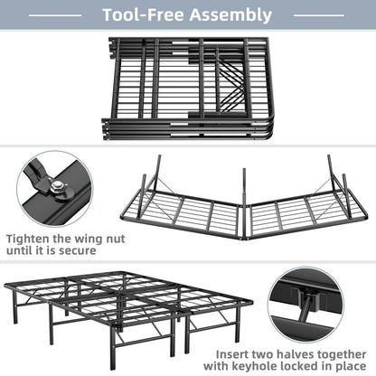 Twin/Full/Queen Size Foldable Metal Platform Bed with Tool-Free Assembly-Full Size, Black Simple Bed Frame   at Gallery Canada